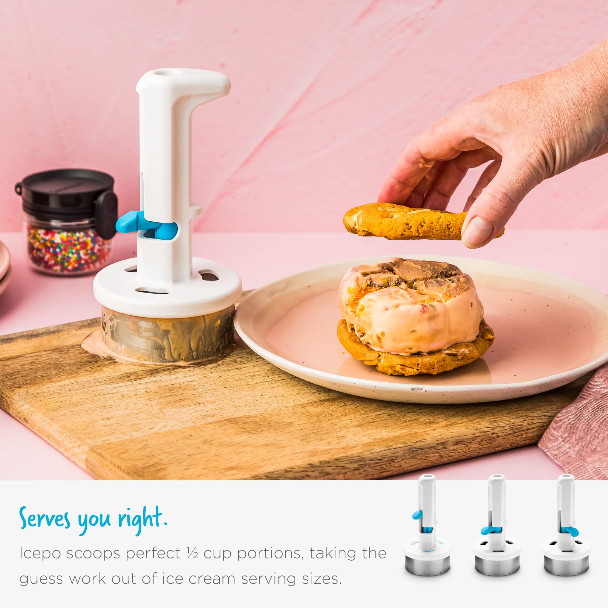Dreamfarm Icepo enables instant ice cream sandwiches on cookies.