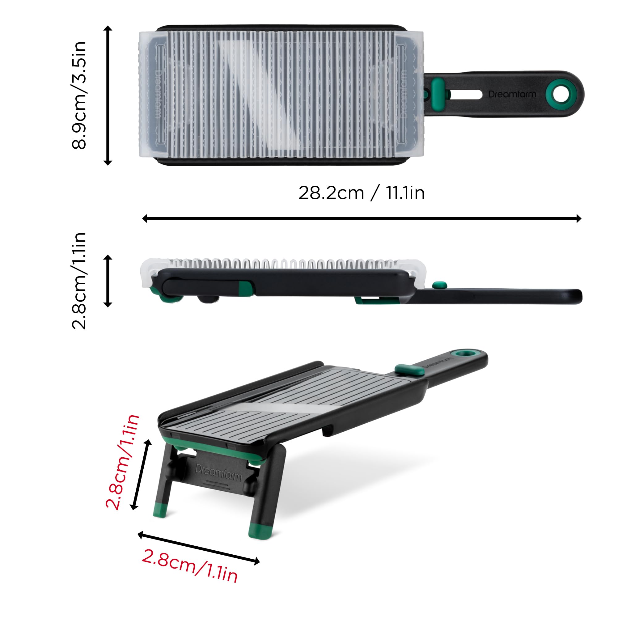 Dreamfarm Nocutu side view highlights ergonomic handling for safe slicing.