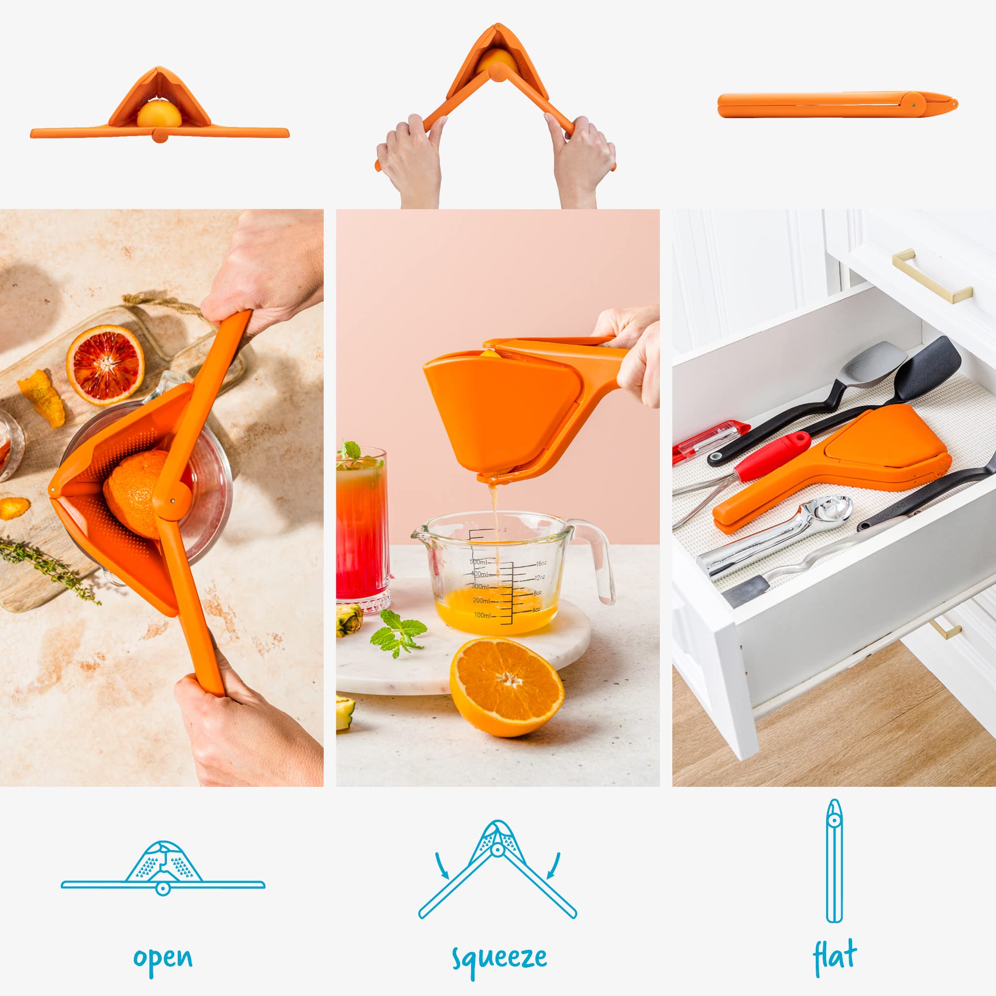 Dreamfarm Fluicer ergonomic handle enhances leverage when juicing citrus.