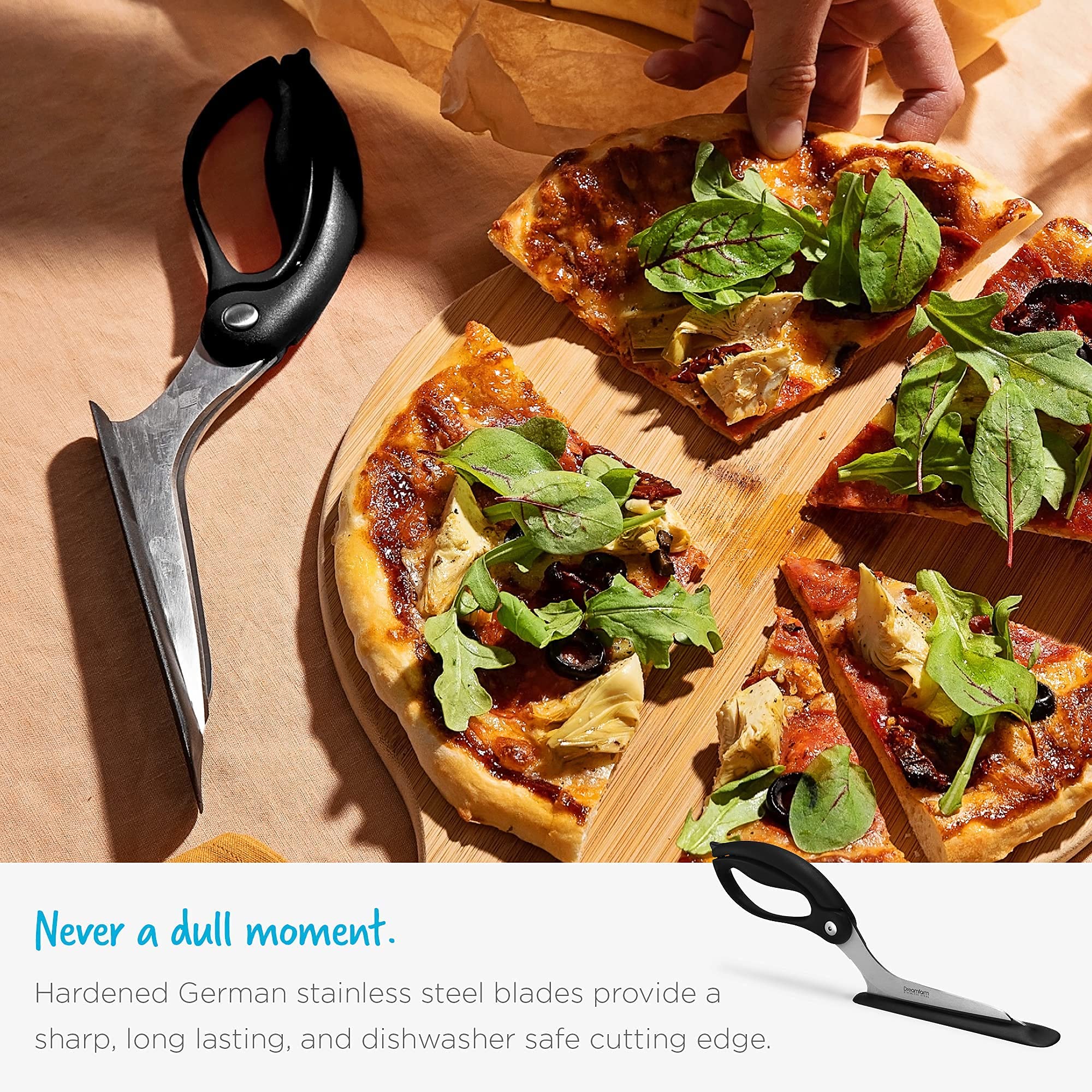 Dreamfarm Scizza compatible with flatbreads and various crusts for versatile slicing.