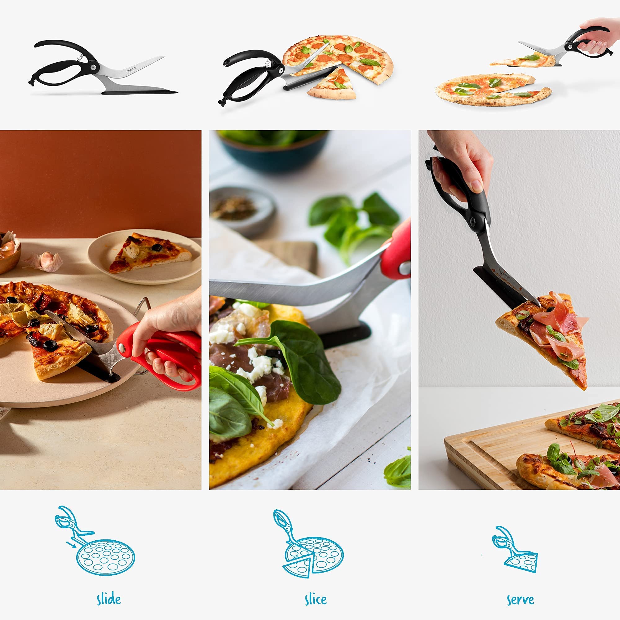 Dreamfarm Scizza heat-resistant spatula shoe protects non-stick pans while serving.