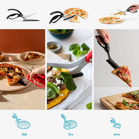Dreamfarm Scizza heat-resistant spatula shoe protects non-stick pans while serving.