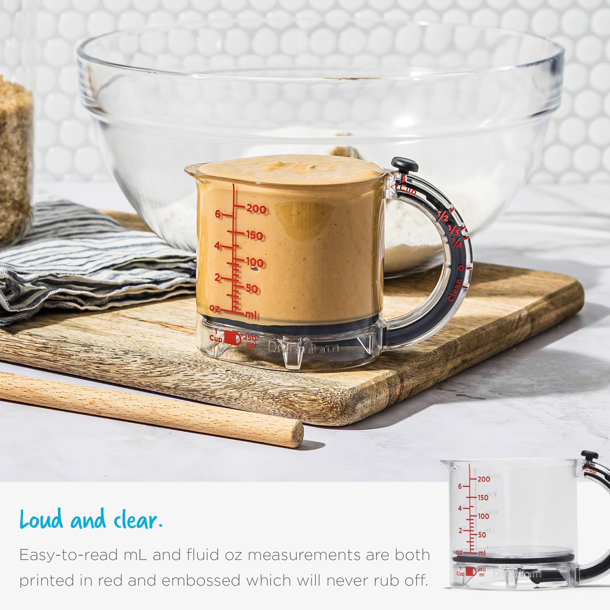 Dreamfarm Upcup features red-etched marks on BPA-free Tritan for lasting readability