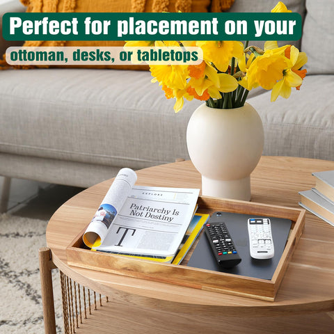 Dreamkey 17-inch acacia wood tray on living room table, great for organization and display.