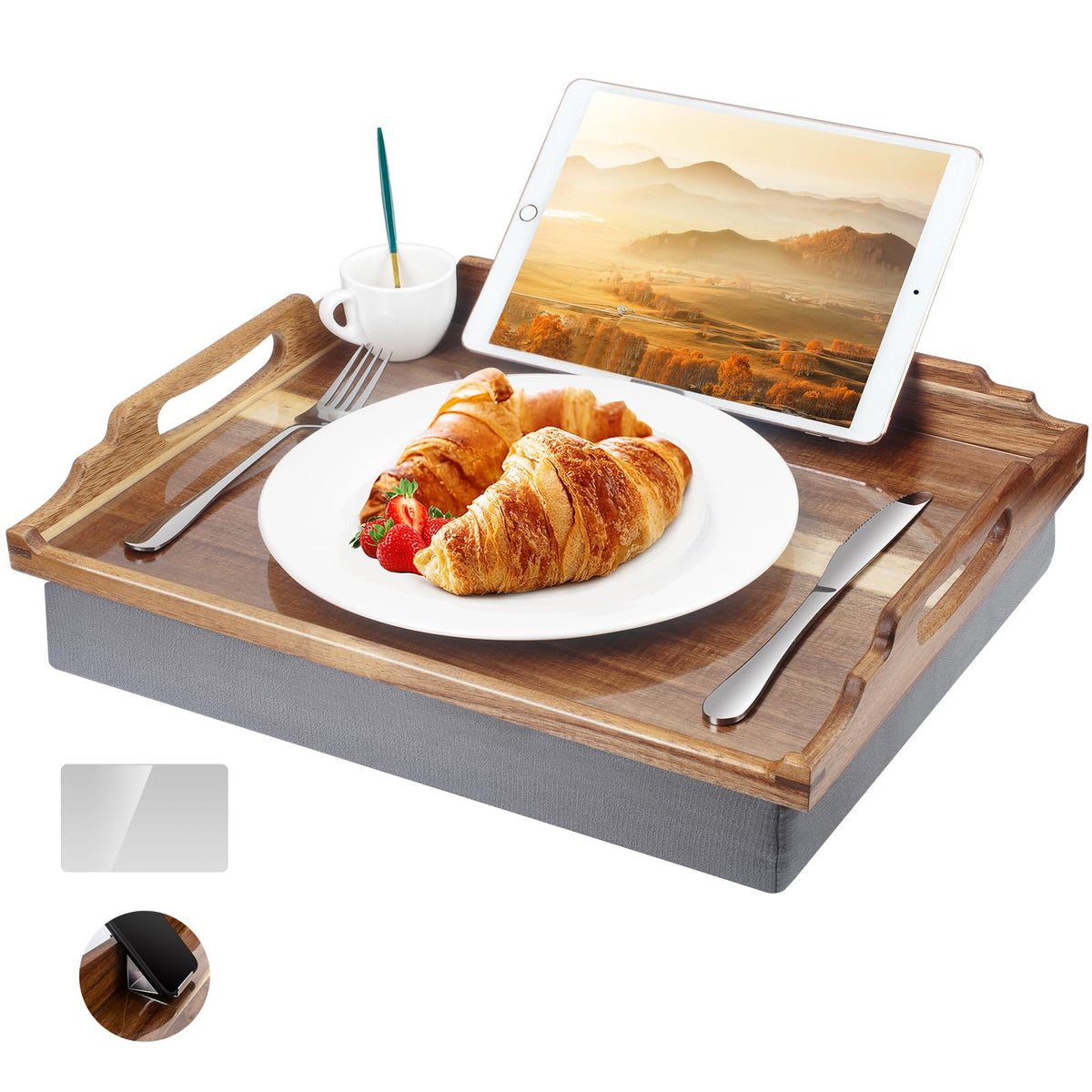 DRELIFAM lap desk with cushion in acacia wood for comfortable bed meals