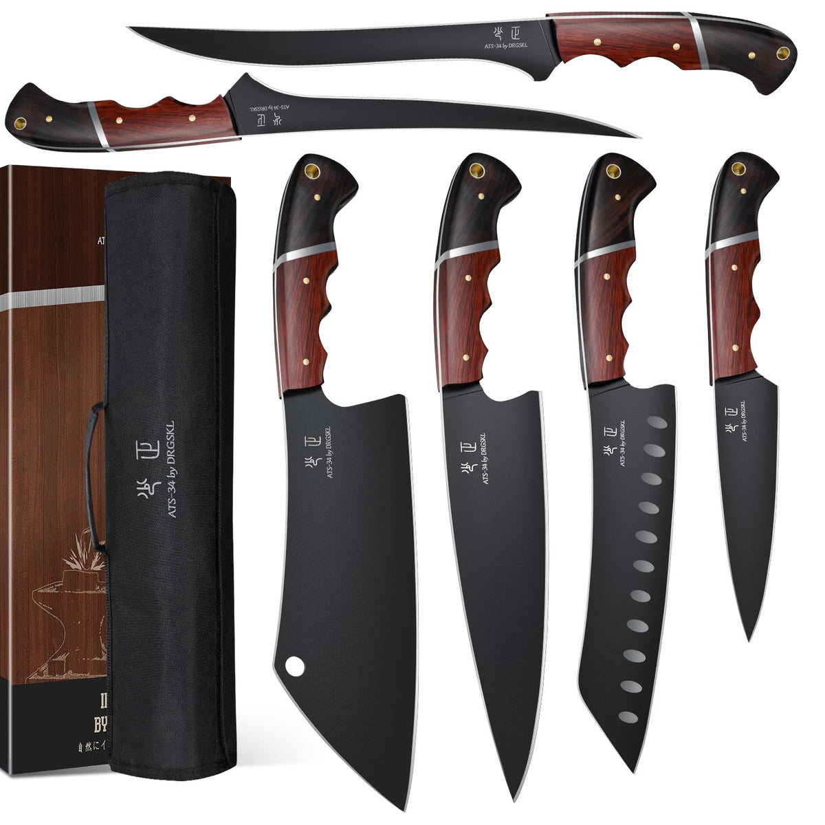 DRGSKL 6-piece knife set assembled for versatile kitchen tasks