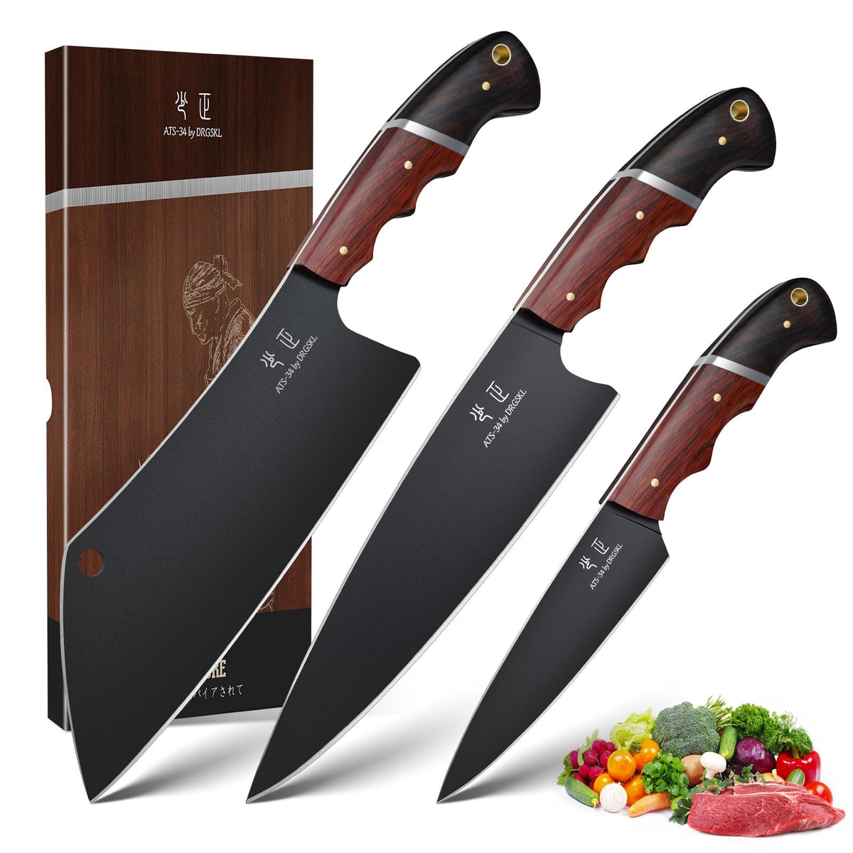 The DRGSKL Japanese 3-piece knife set laid out for versatile daily cooking tasks.