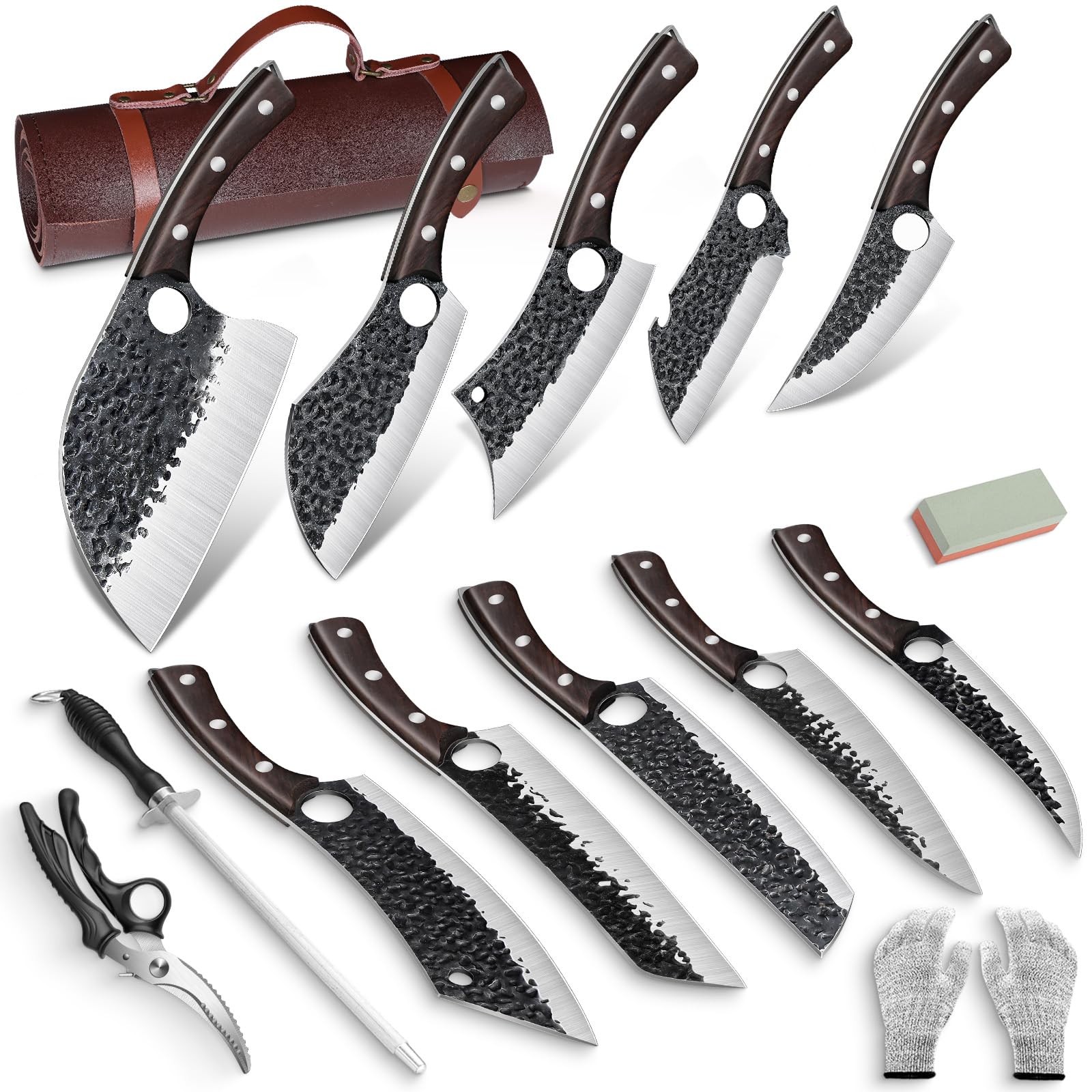 DRGSKL Serbian Chef Knife Set with hammered blade for precise, effortless cuts