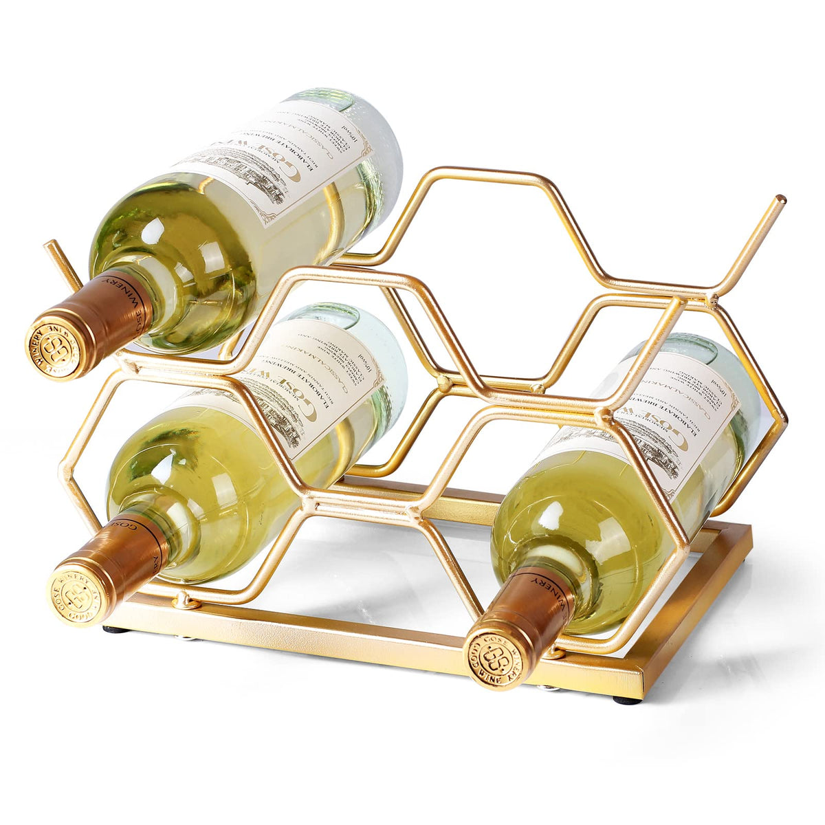 Drincarier countertop wine rack displaying five bottles neatly on a kitchen counter.