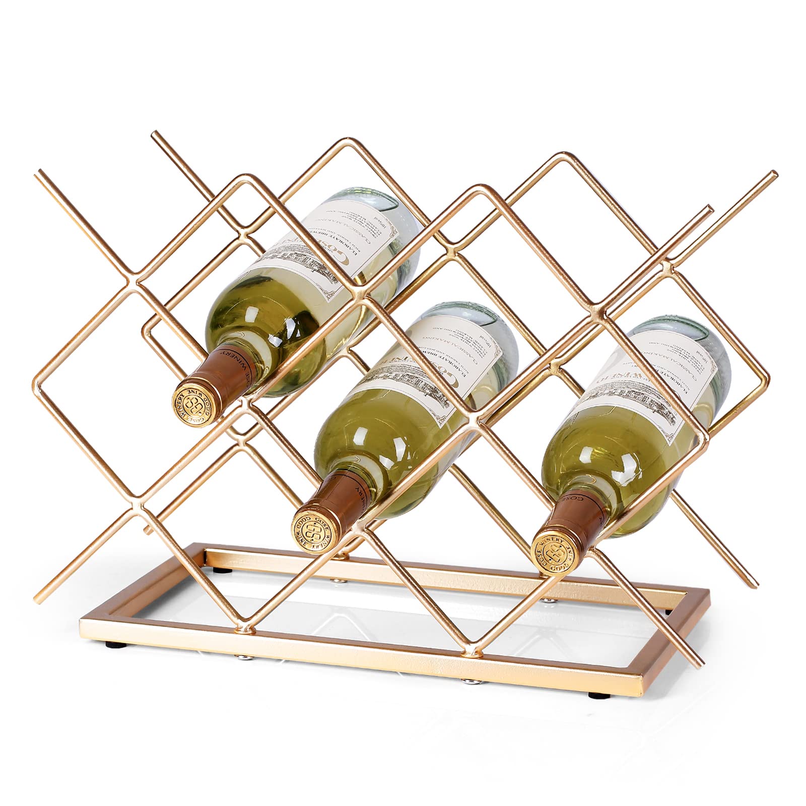 Drincarier gold geometric countertop wine rack on a kitchen counter for organized storage