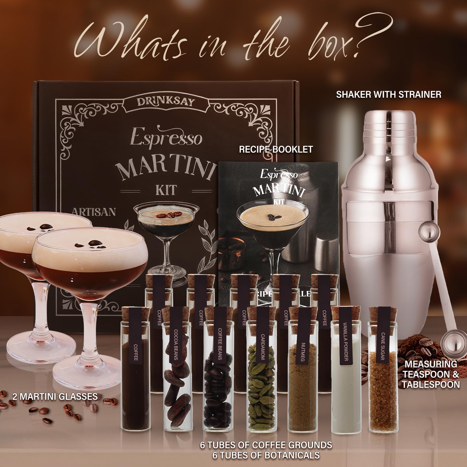 DrinkSay Espresso Martini Kit glasses showcase elegant serving for gatherings