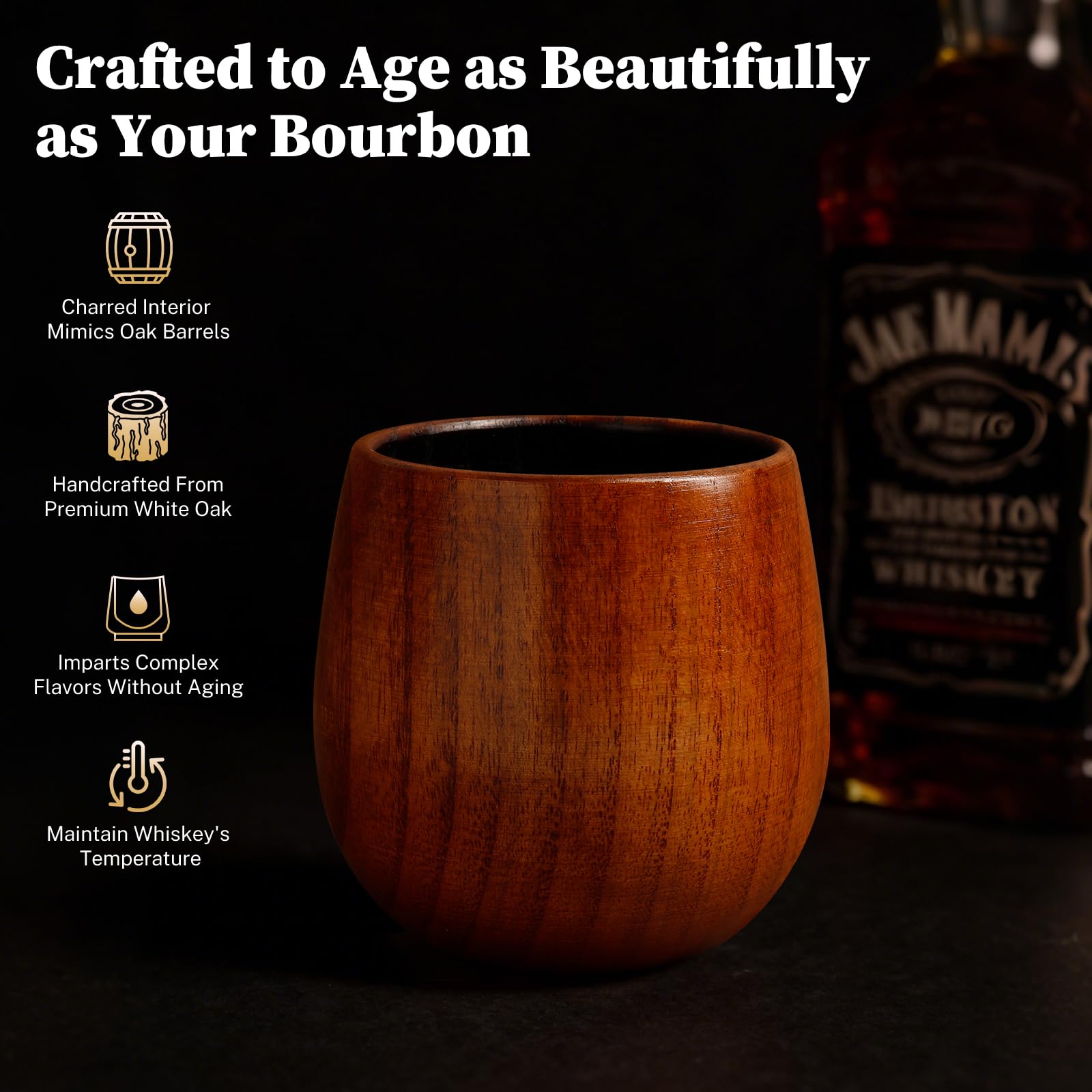 DrinkSay Handcrafted Oak Bourbon Cup close-up, highlighting lasting elegance for home bars.