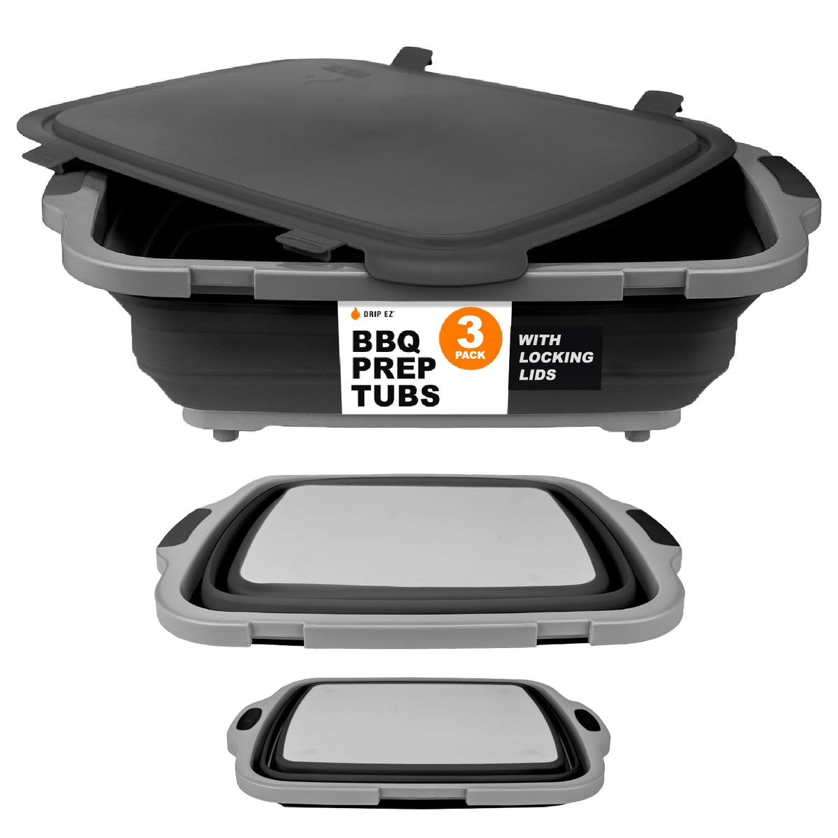 Drip EZ collapsible BBQ prep tubs set, compact for easy storage and meal prep.
