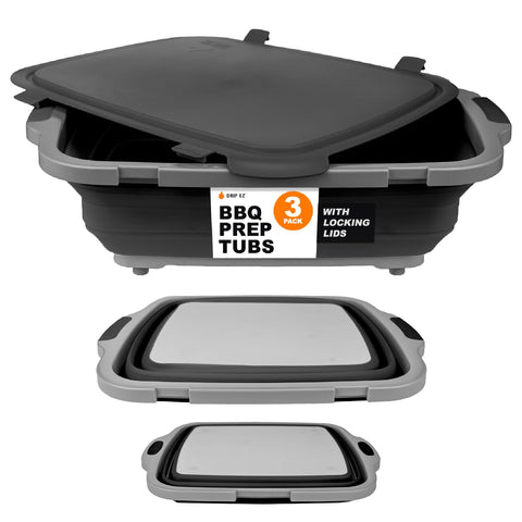 Drip EZ collapsible BBQ prep tubs set, compact for easy storage and meal prep.