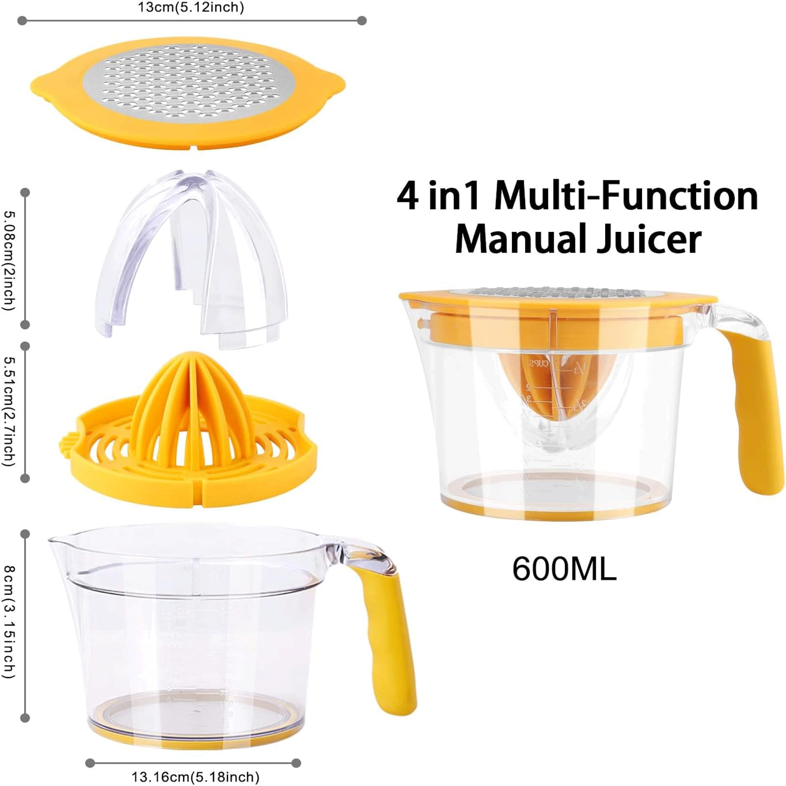 Drizom measuring cup feature for precise juice in recipes.