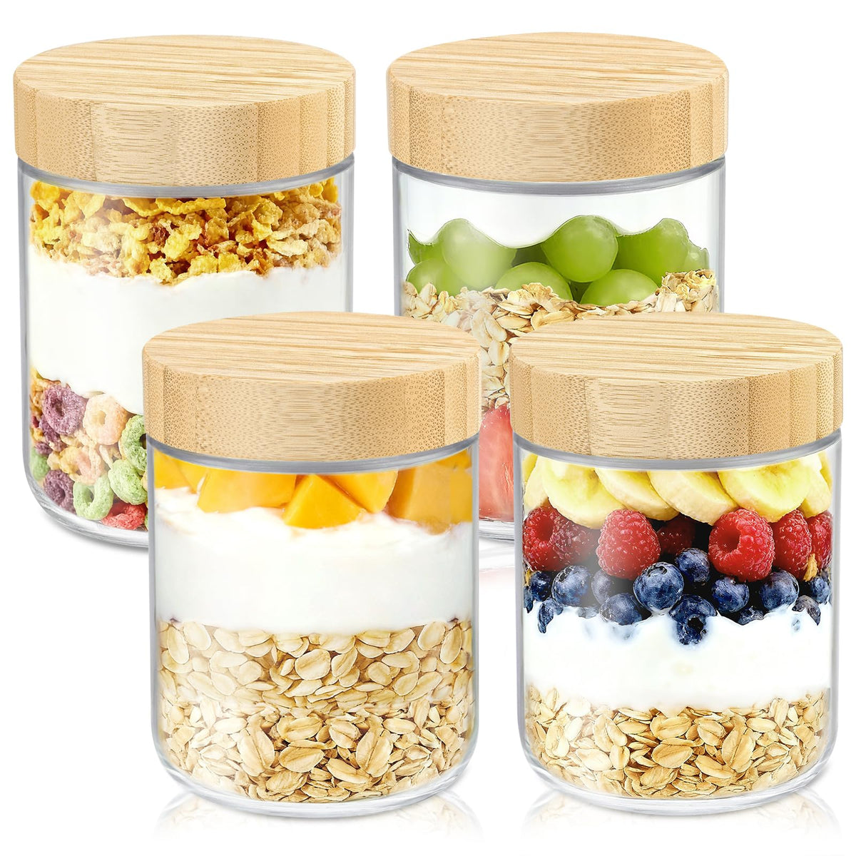 DRKIO 16oz overnight oats jar with bamboo lid, four-pack, ideal for meal prep