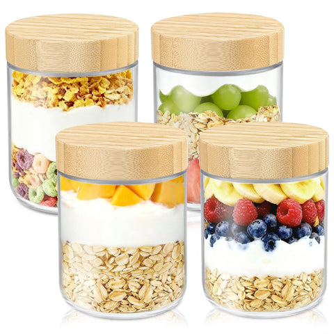 DRKIO 16oz overnight oats jar with bamboo lid, four-pack, ideal for meal prep