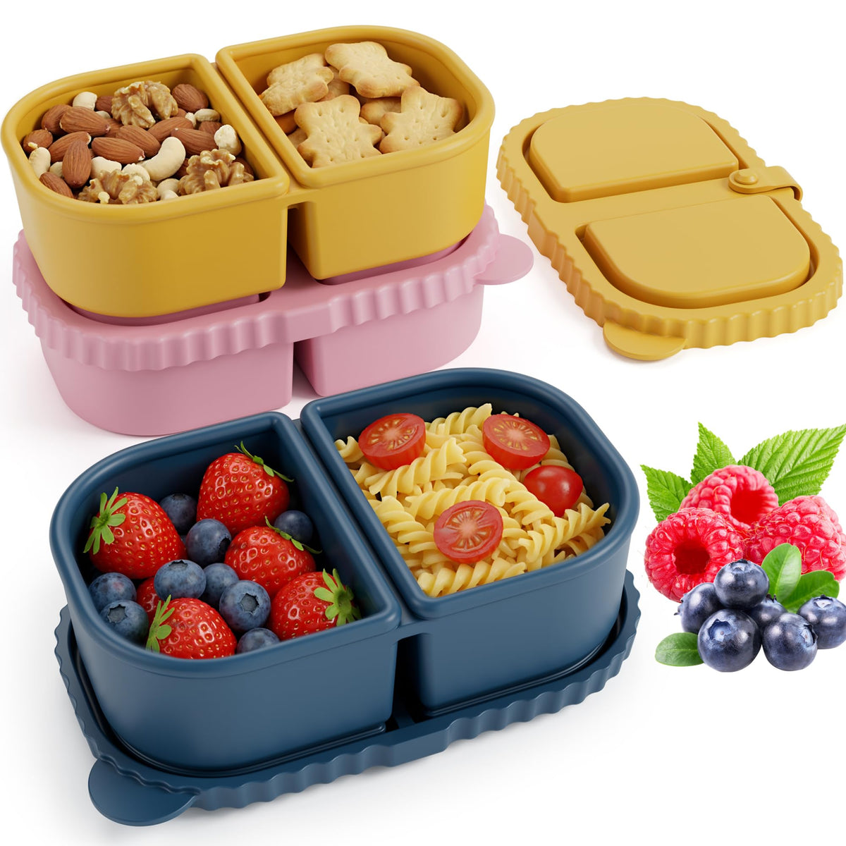 DRNKNSTX 3-pack silicone snack containers in blue, pink, and yellow for easy, mess-free meals.