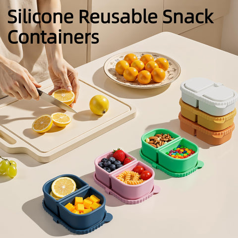 DRNKNSTX two-compartment silicone snack box open showing dual sections for sauces and snacks.