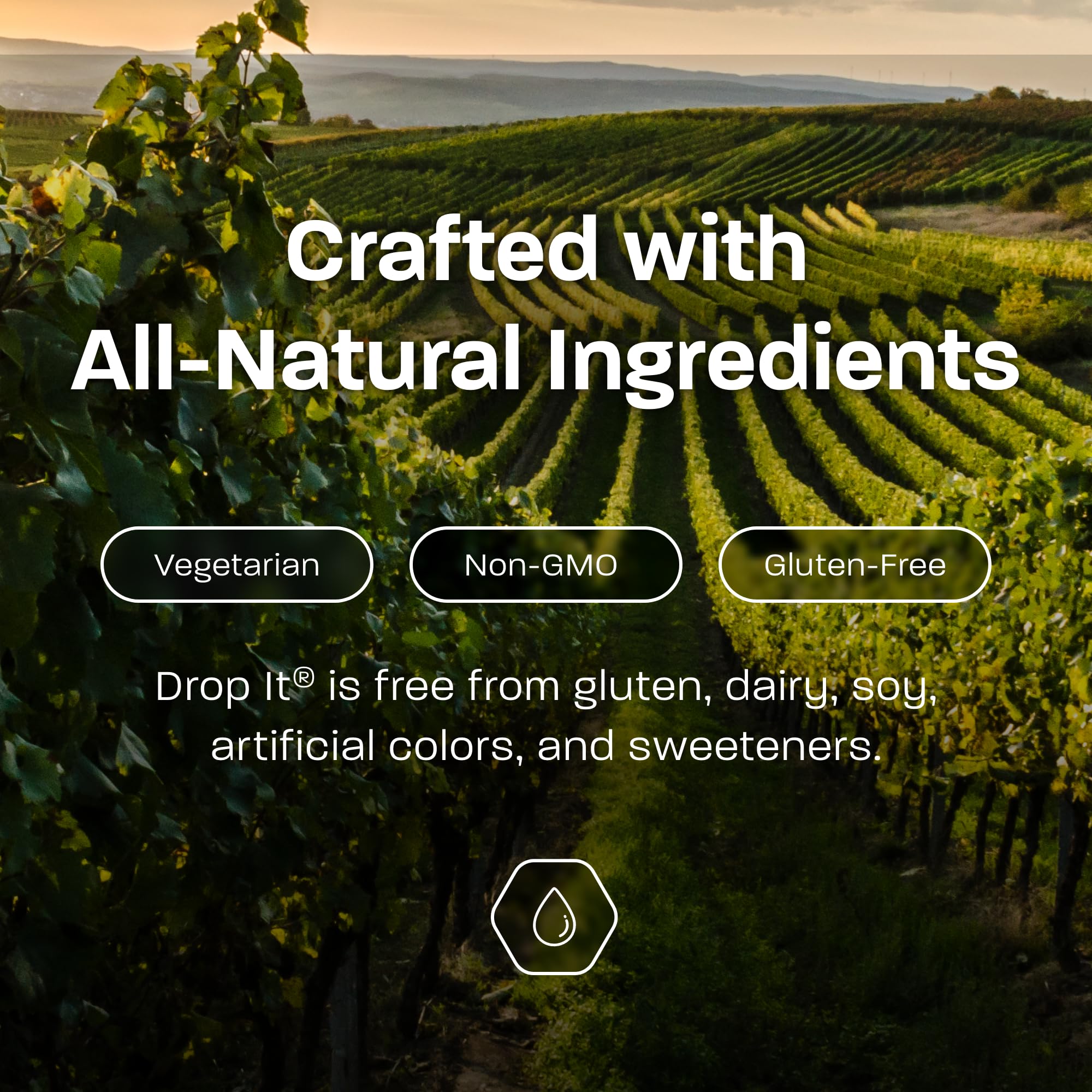 Drop It Wine Drops bottle label highlights all-natural ingredients and gluten-free status.