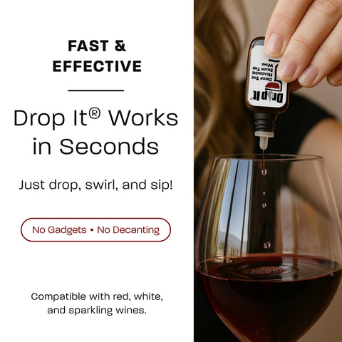 Drop It Wine Drops Original glass-serve scene highlights a smooth wine experience with fewer tannins.