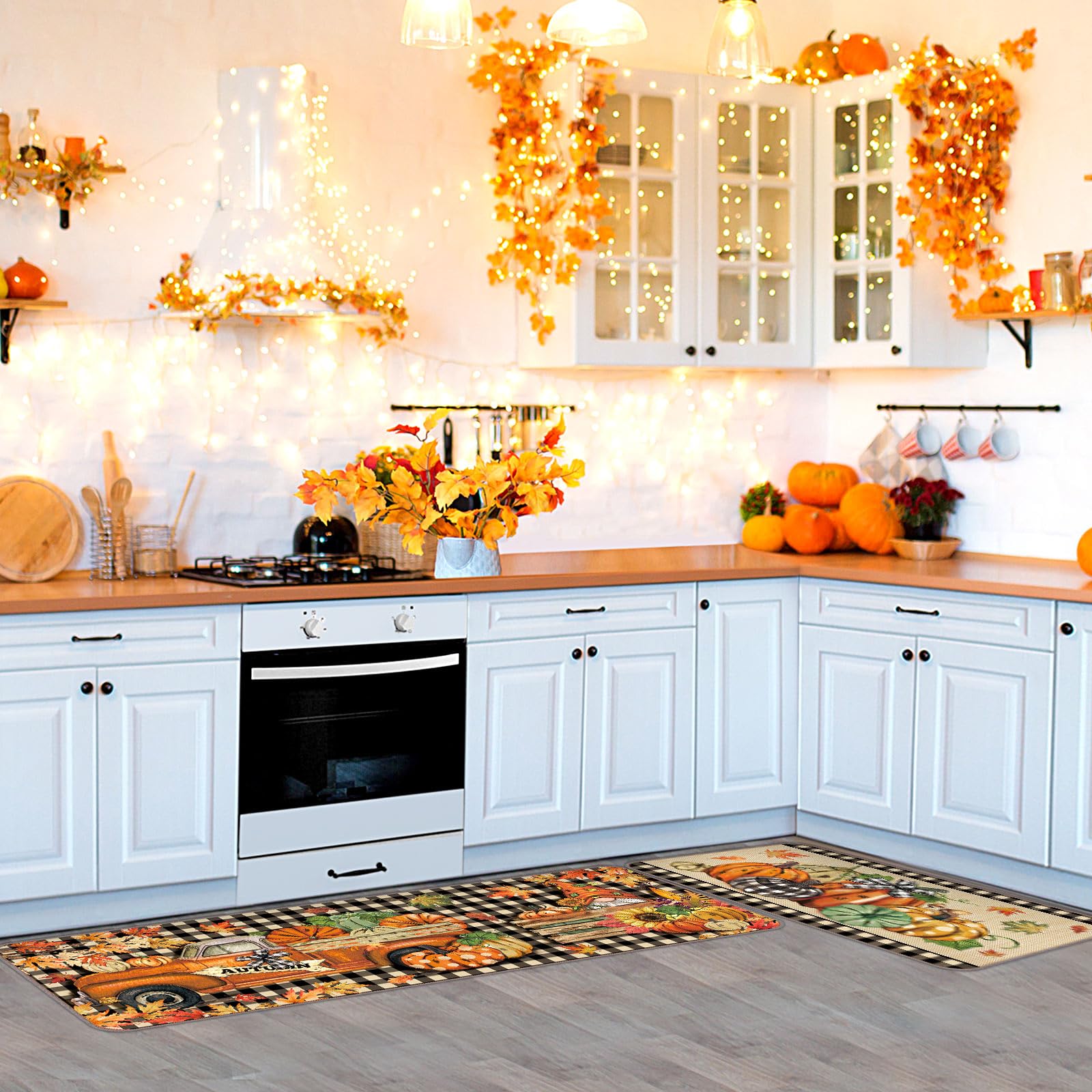 Drydiet pumpkin gnome kitchen mat 17x47 provides extended coverage with a soft standing surface.