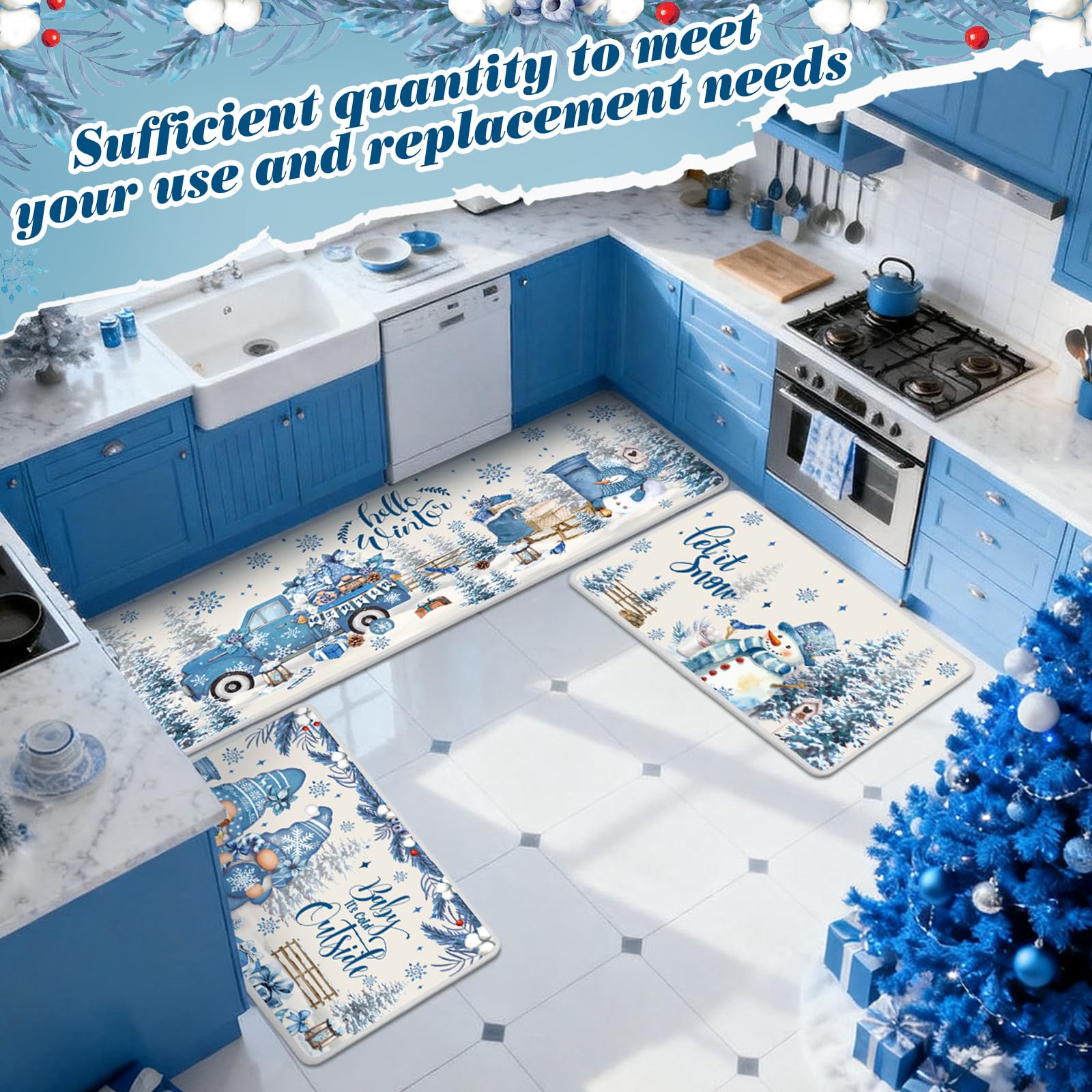 Drydiet winter kitchen rug snowflakes motif enhances holiday kitchen style.