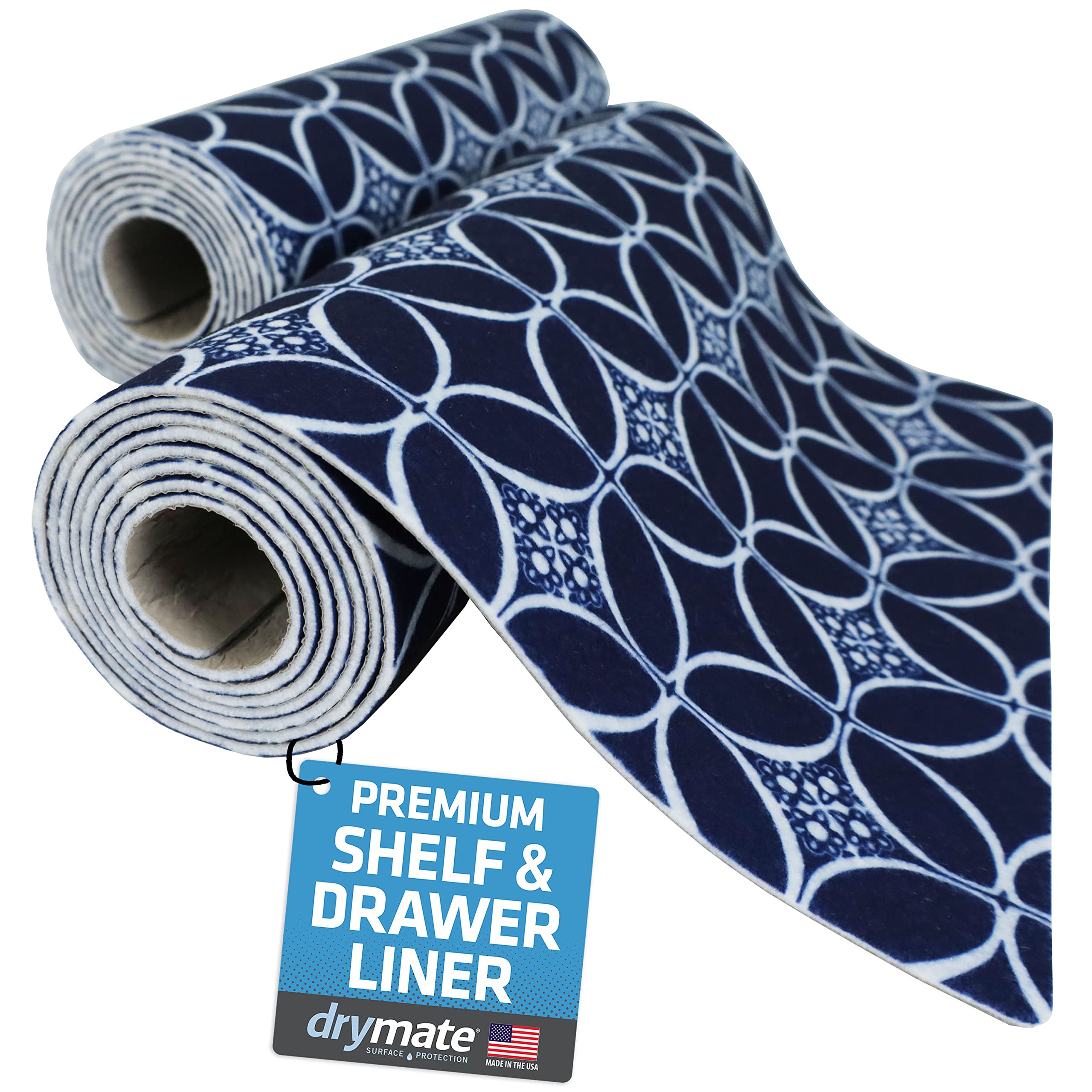 Drymate Premium Luxury Shelf Liner with cushioned fabric protects cabinets from spills and scratches.