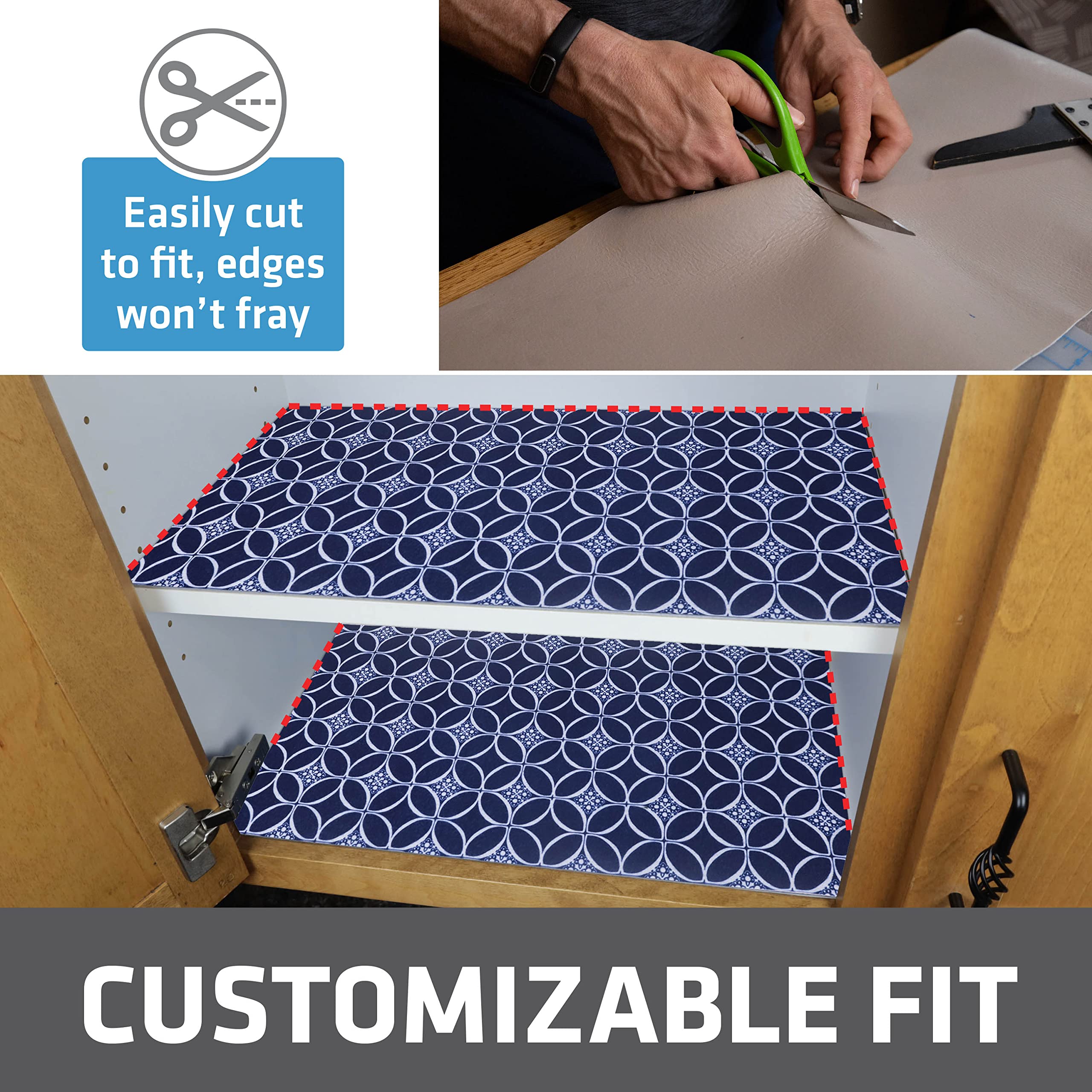 Indigo Drymate liner can be cut to fit kitchen shelves without fraying.