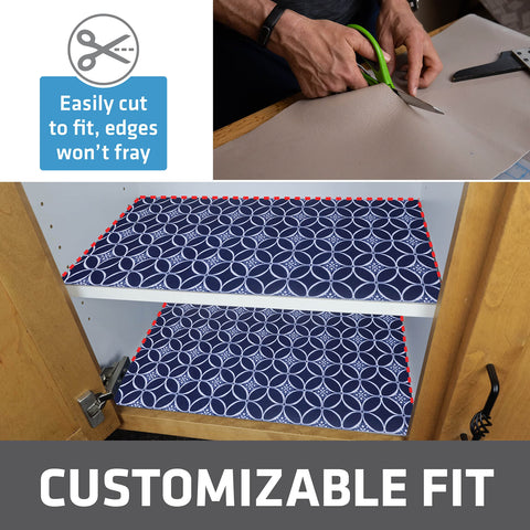 Indigo Drymate liner can be cut to fit kitchen shelves without fraying.