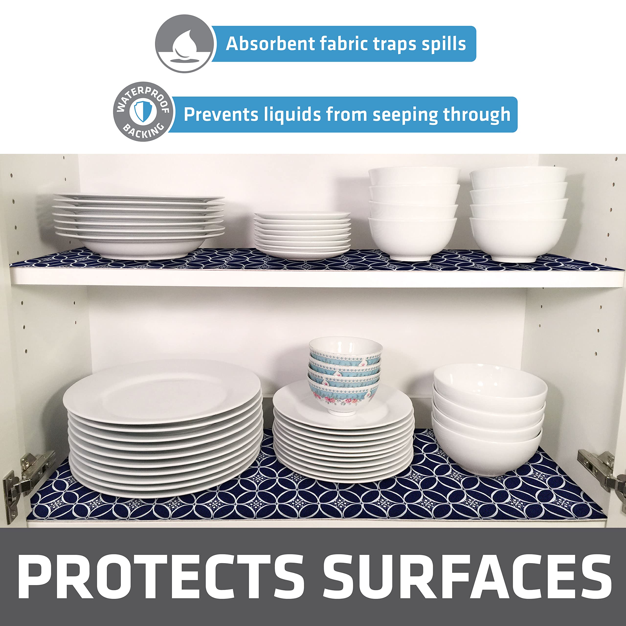 Slip-resistant backing prevents liner from sliding on cabinet shelves.