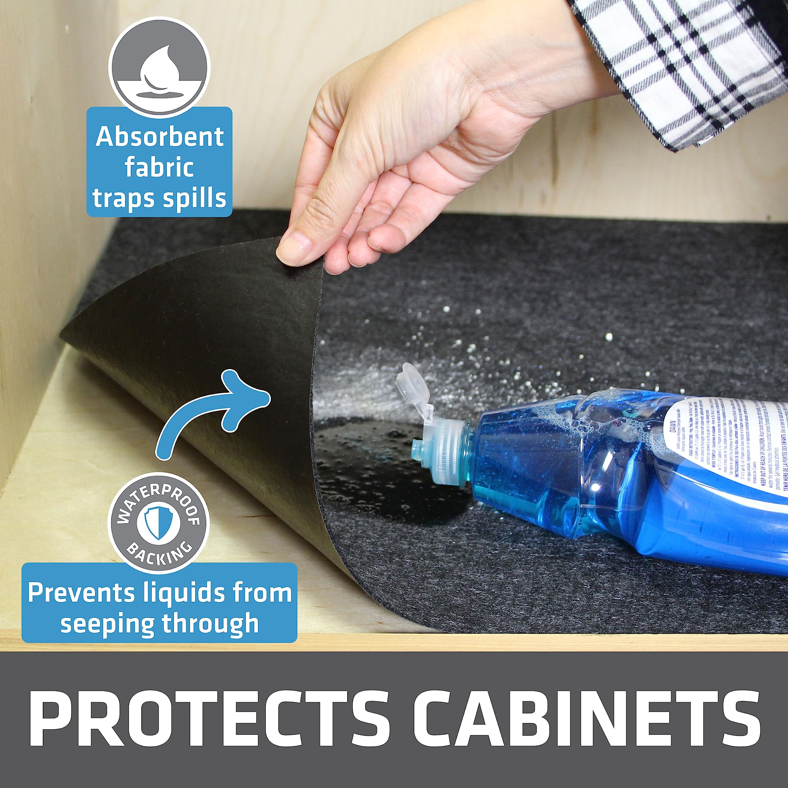 Drymate mat in cabinet demonstrates spill protection and moisture containment.