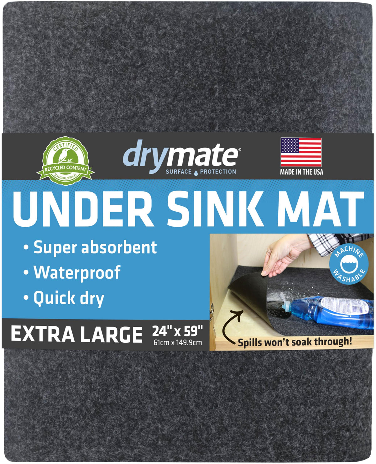 Drymate Premium XL under-sink mat charcoal, top view with absorbent surface.