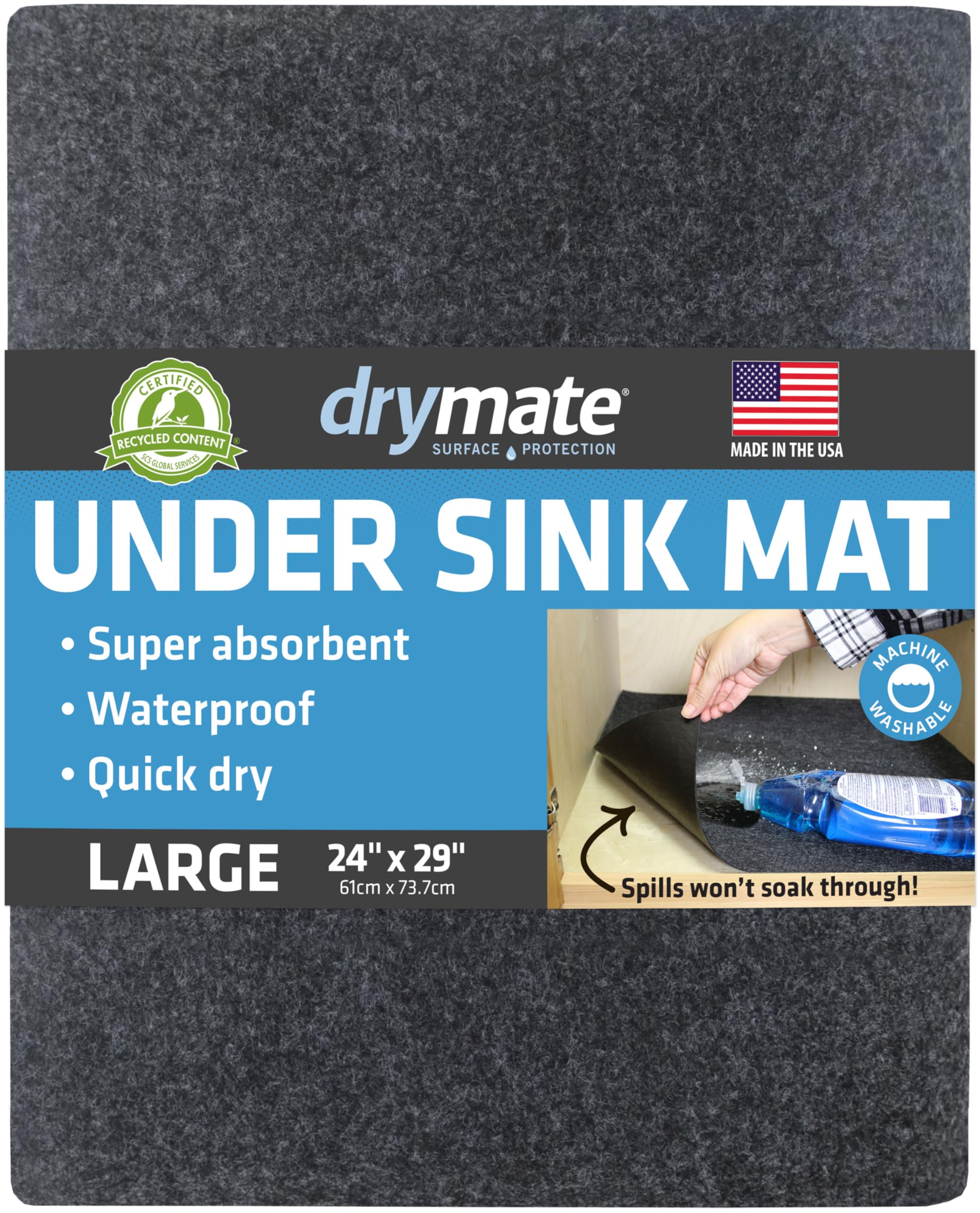 Drymate under-sink mat protects cabinets from spills and leaks.