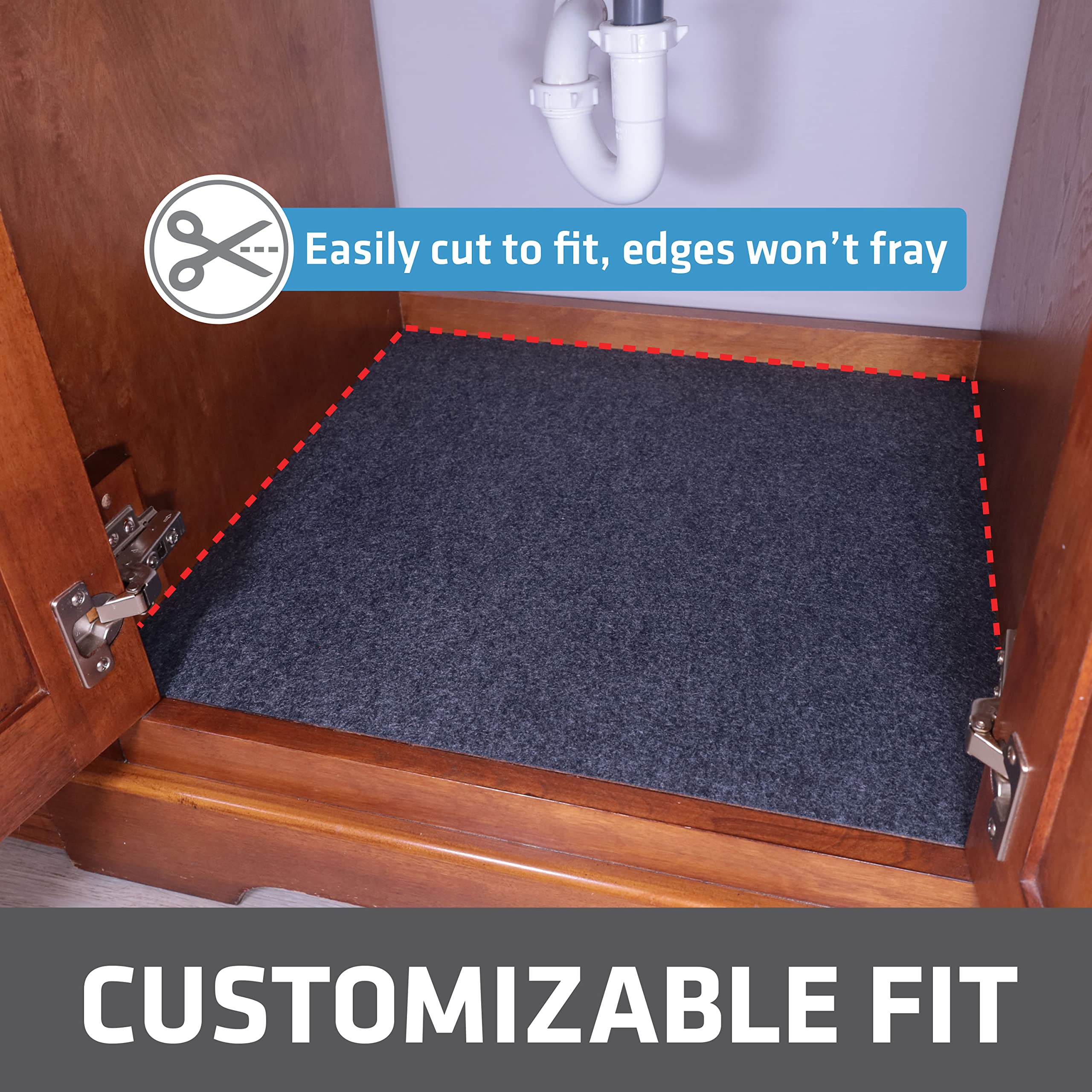 Drymate under-sink mat with waterproof backing prevents surface damage.
