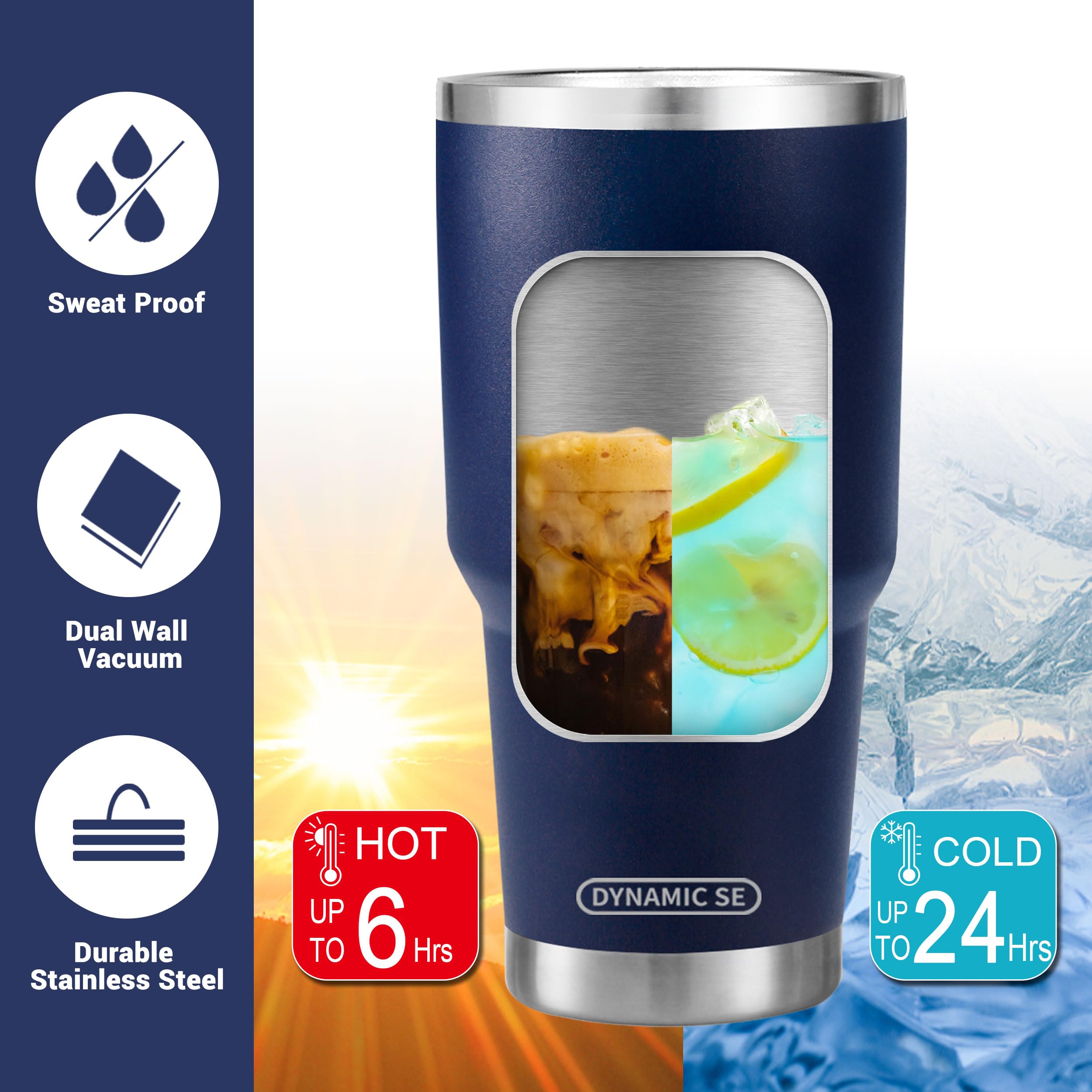 D·S navy tumbler with splash-proof lid suitable for desk or bag placement.