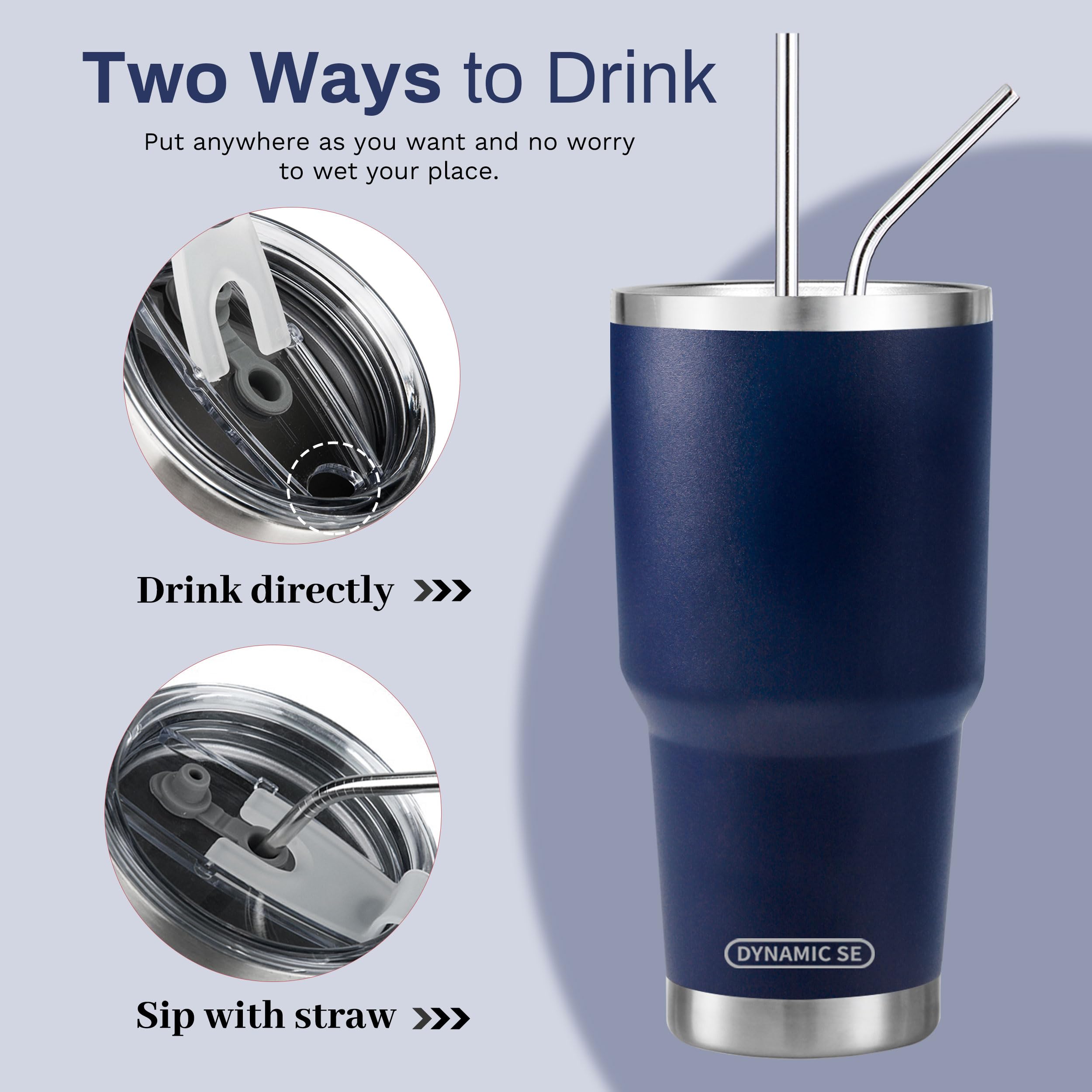 D·S 30 oz navy tumbler with two stainless steel straws and cleaning brush for easy maintenance.