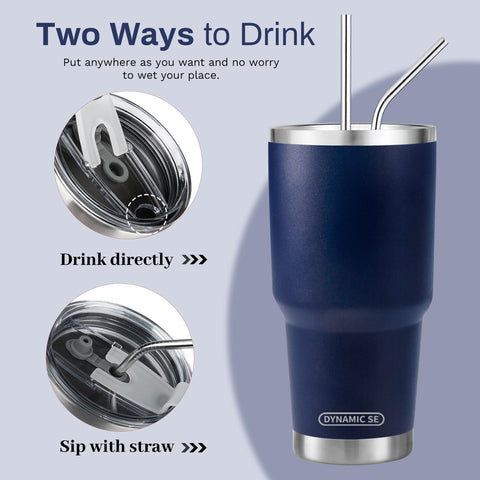 D·S 30 oz navy tumbler with two stainless steel straws and cleaning brush for easy maintenance.