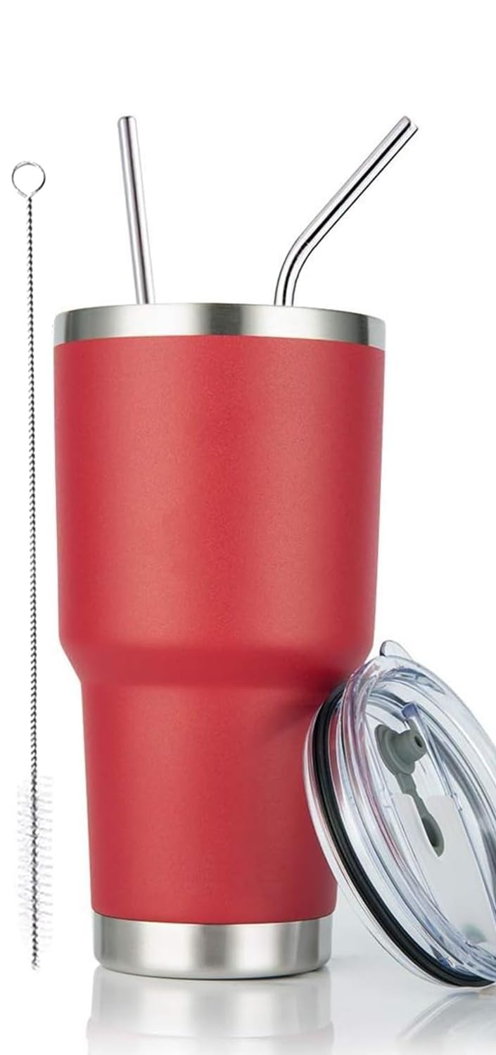 DS 30oz red tumbler with leak-proof lid keeps beverages secure on the go.