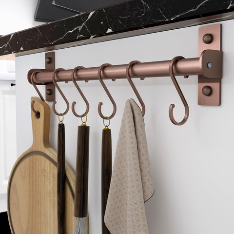 Dseap pot-pan rack wall-mounted with 8 hooks keeps countertops clutter-free.
