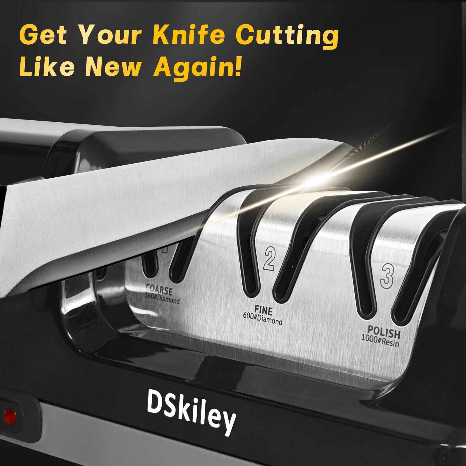 DSKiley sharpener shows the 20° angle guide for consistent knife edges.
