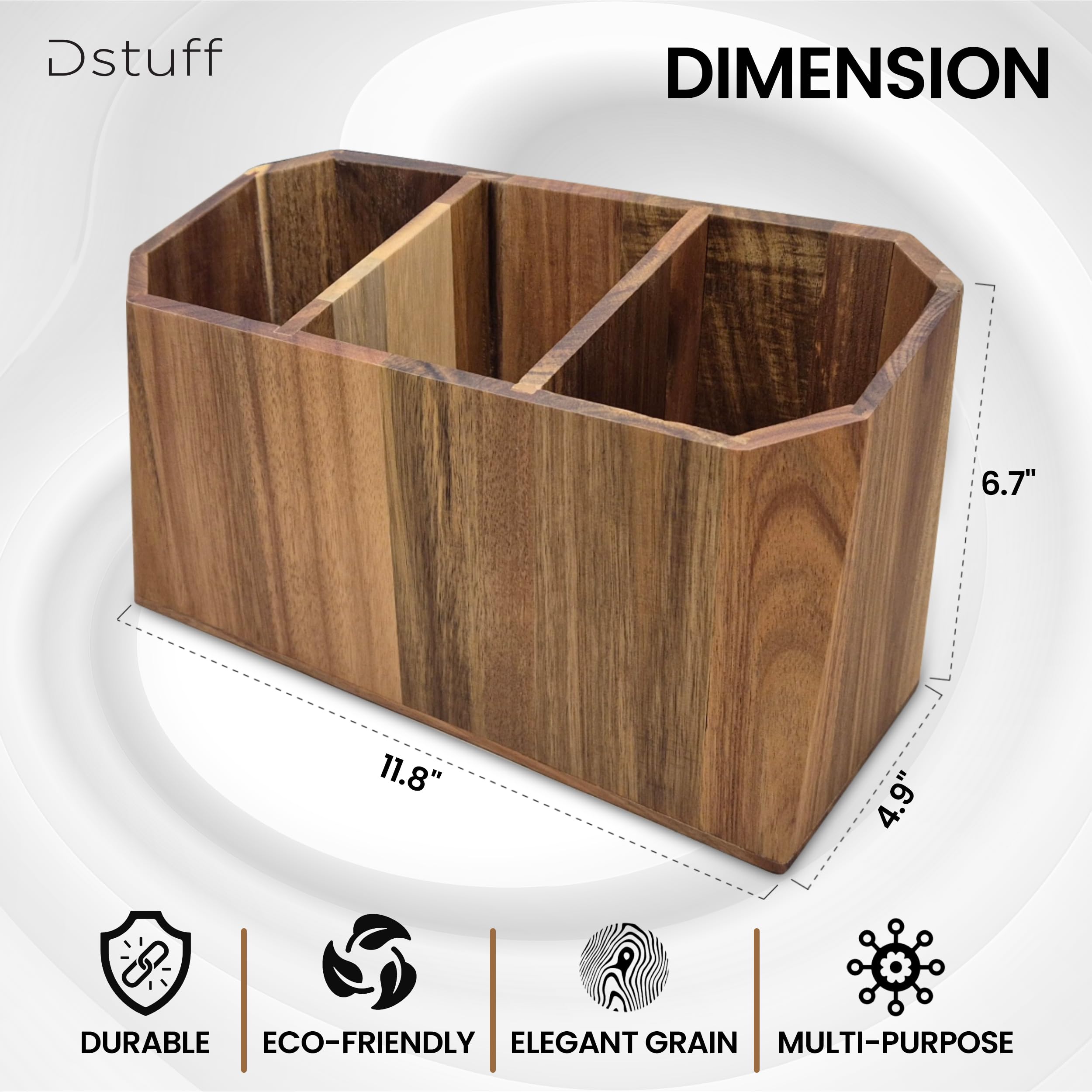 Dstuff acacia utensil caddy with beveled edges adds modern farmhouse style to counters.