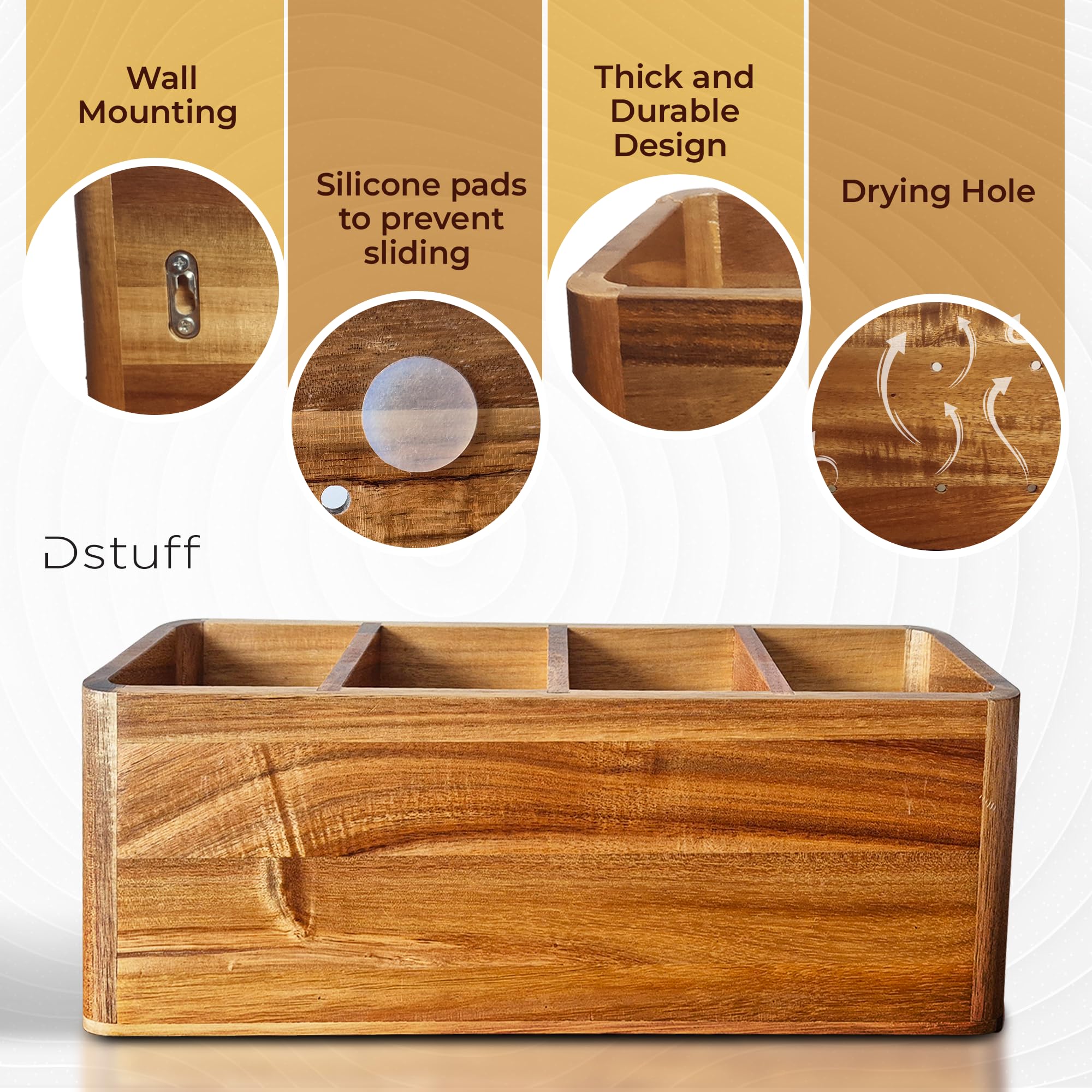 Dstuff acacia wood kitchen storage adds warmth and durability to the counter.