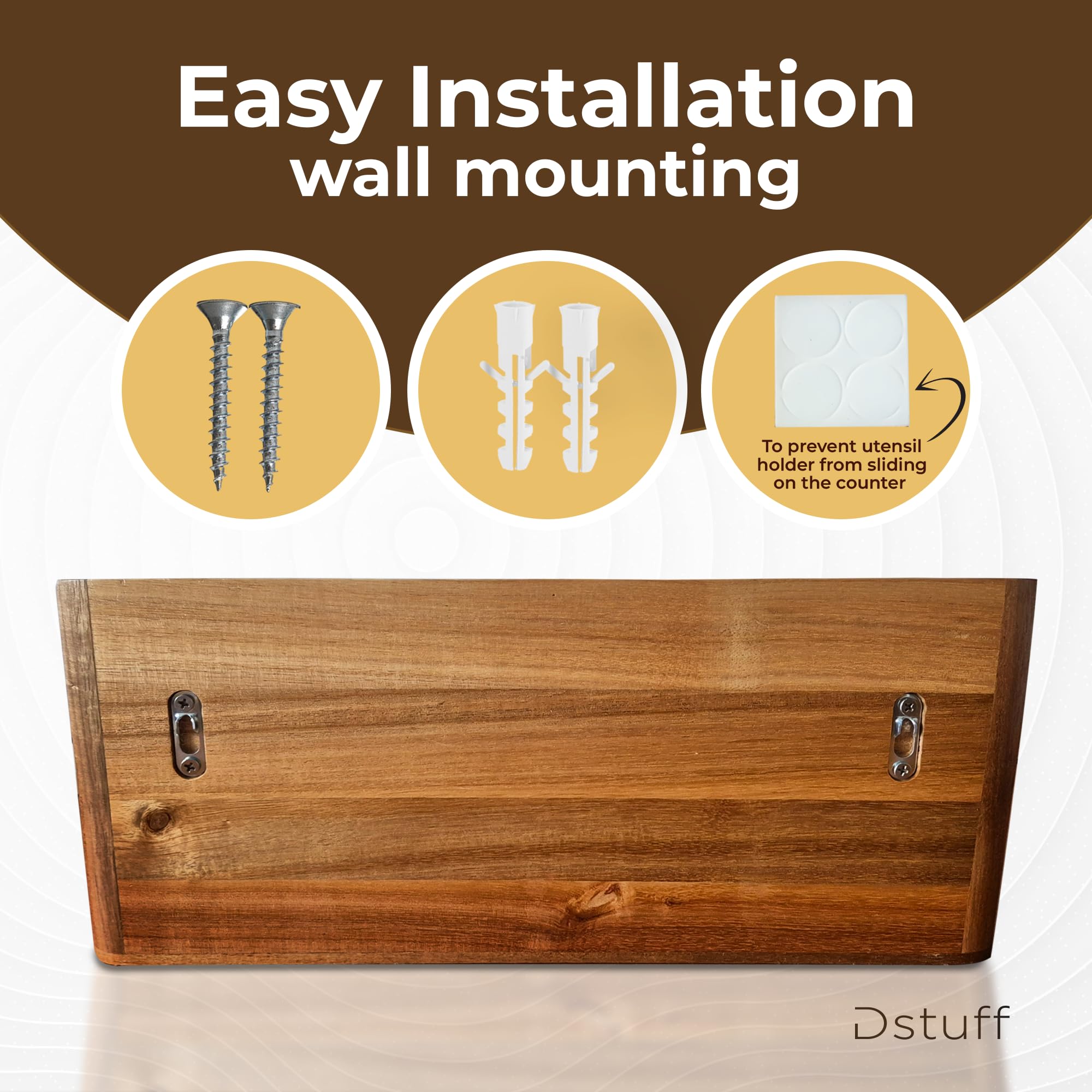 Dstuff utensil holder shows drying hole and wall-mount option for space-saving setup.