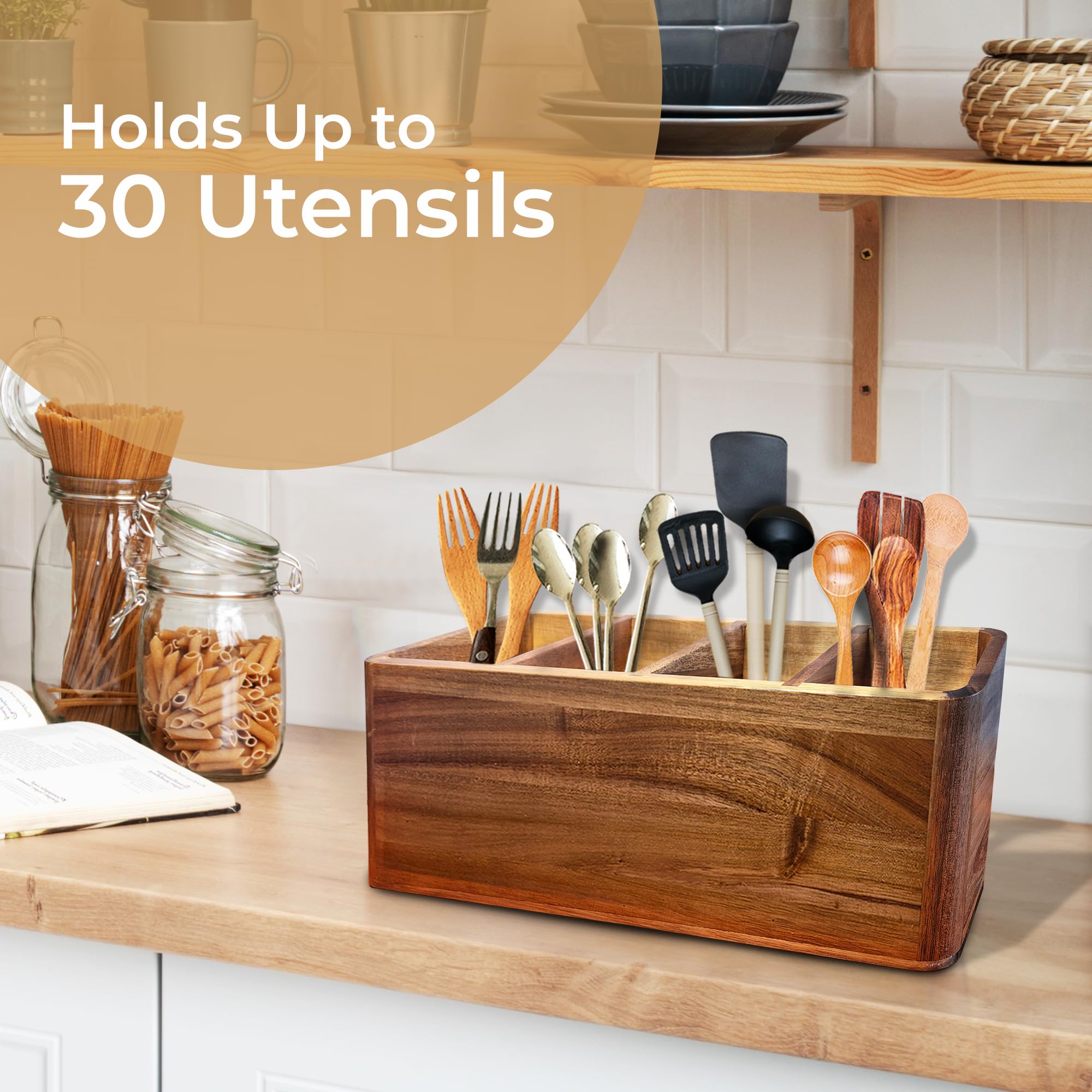 Dstuff elegant acacia utensil holder for refined kitchen décor.