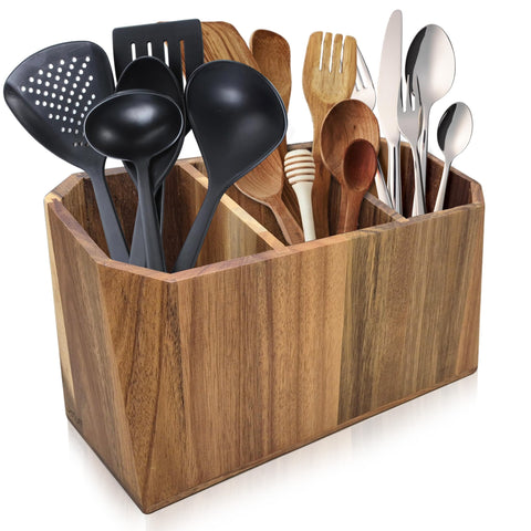 Dstuff large acacia utensil holder with three compartments keeps cooking tools within reach.