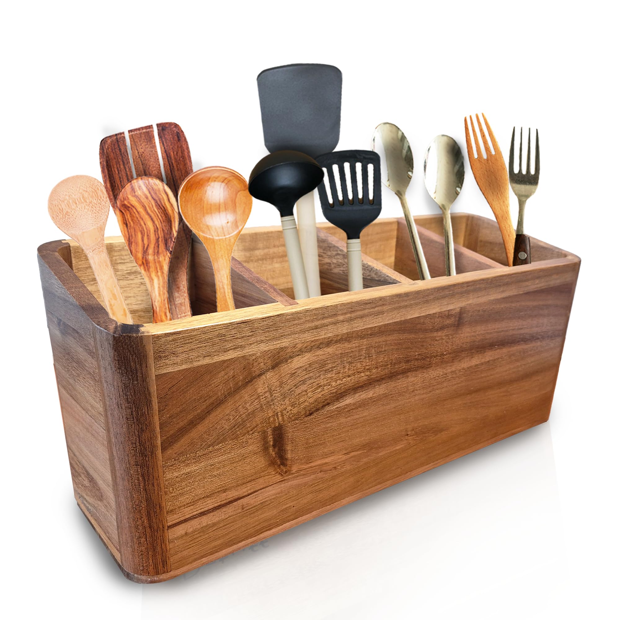 Dstuff large utensil holder in acacia wood keeps counter organized.