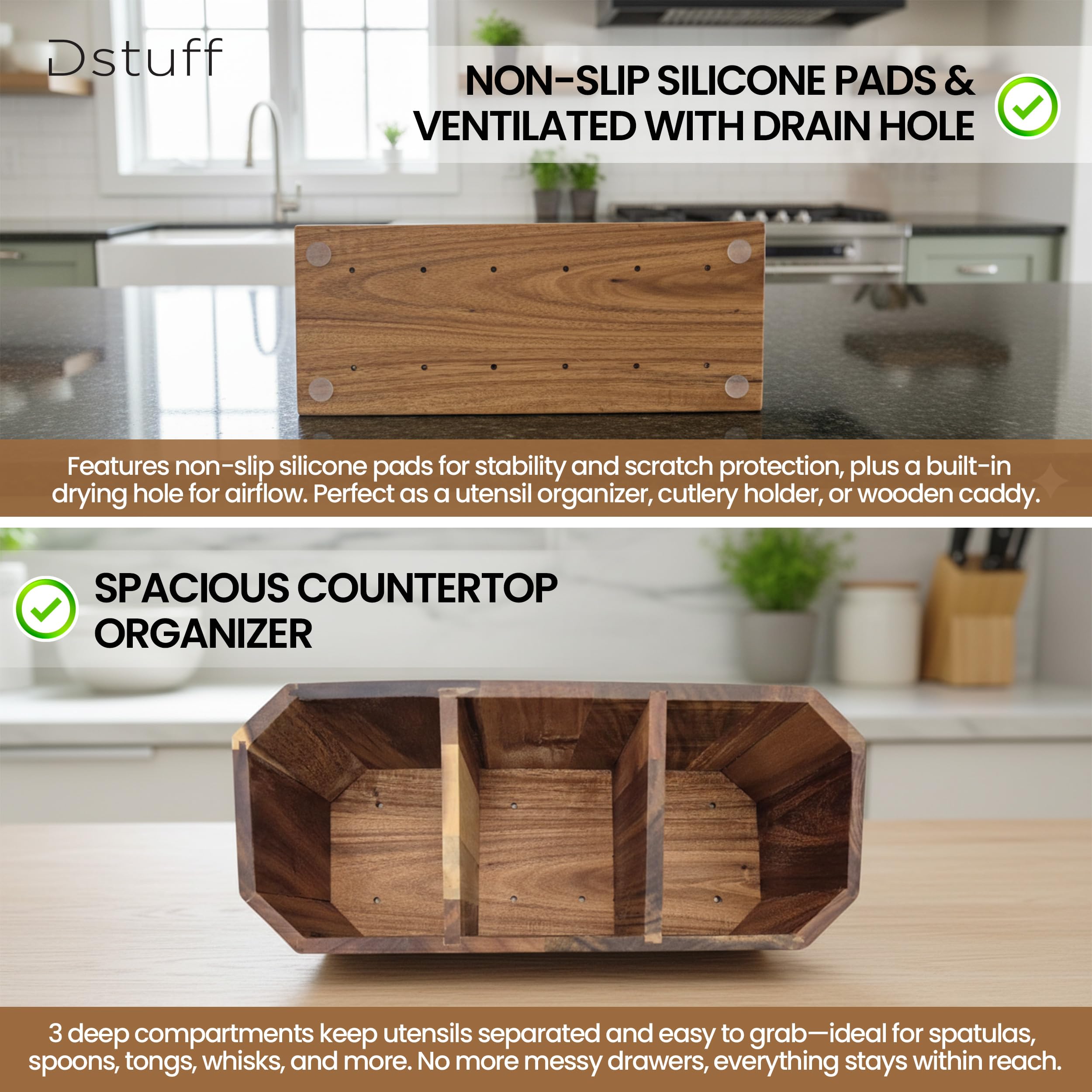 Dstuff ventilated caddy with drain hole keeps utensils dry after use.