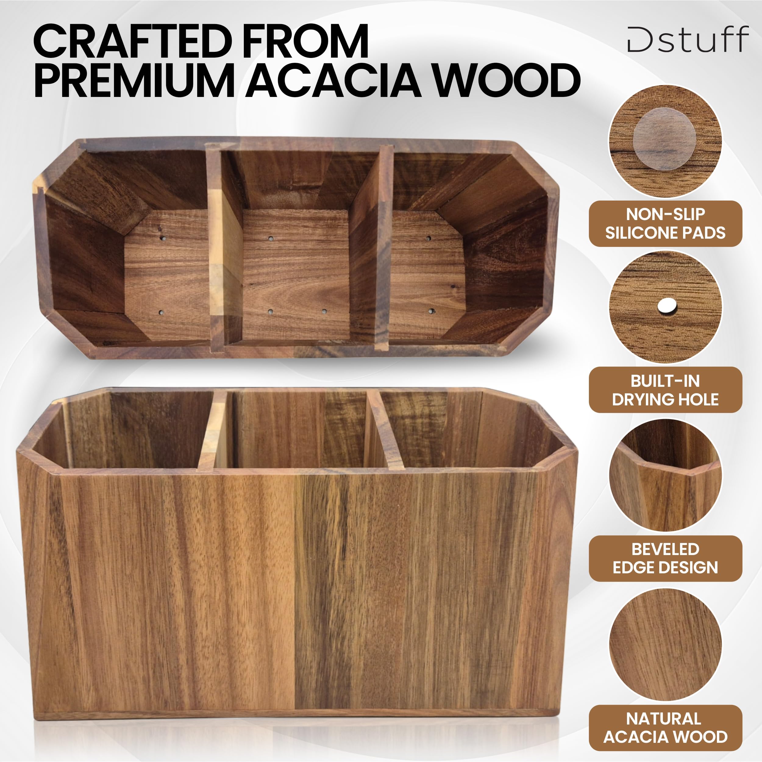 Dstuff utensil holder featuring non-slip pads protects countertops while staying stable.