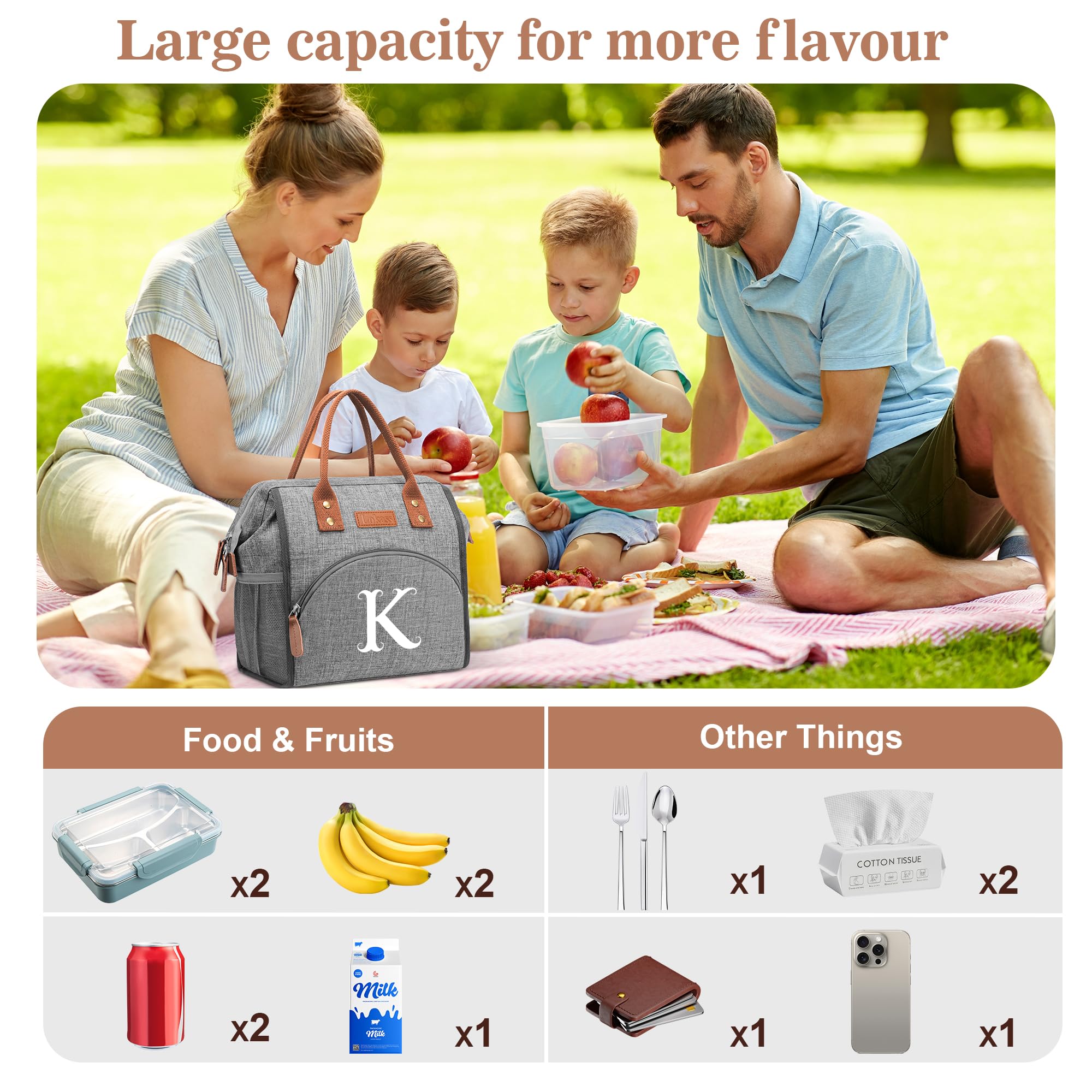 DTBG personalized initial gift lunch bag adds festive flair.